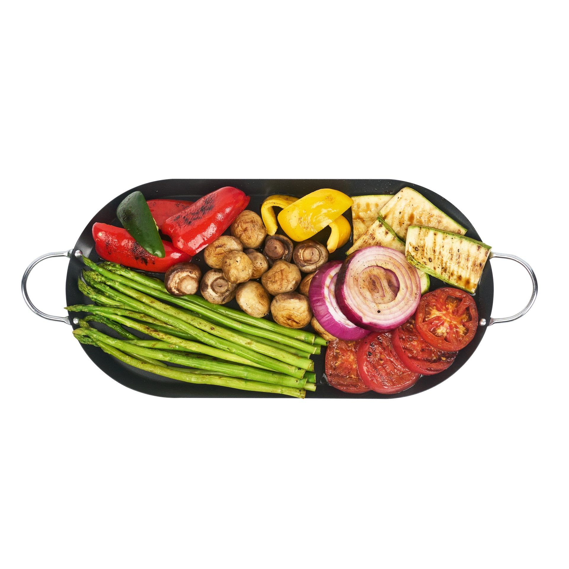 Met Lux Oval Black Carbon Steel Double Burner Griddle - Non-Stick, With Chrome Handles - 17" x 8 3/4" - 10 count box