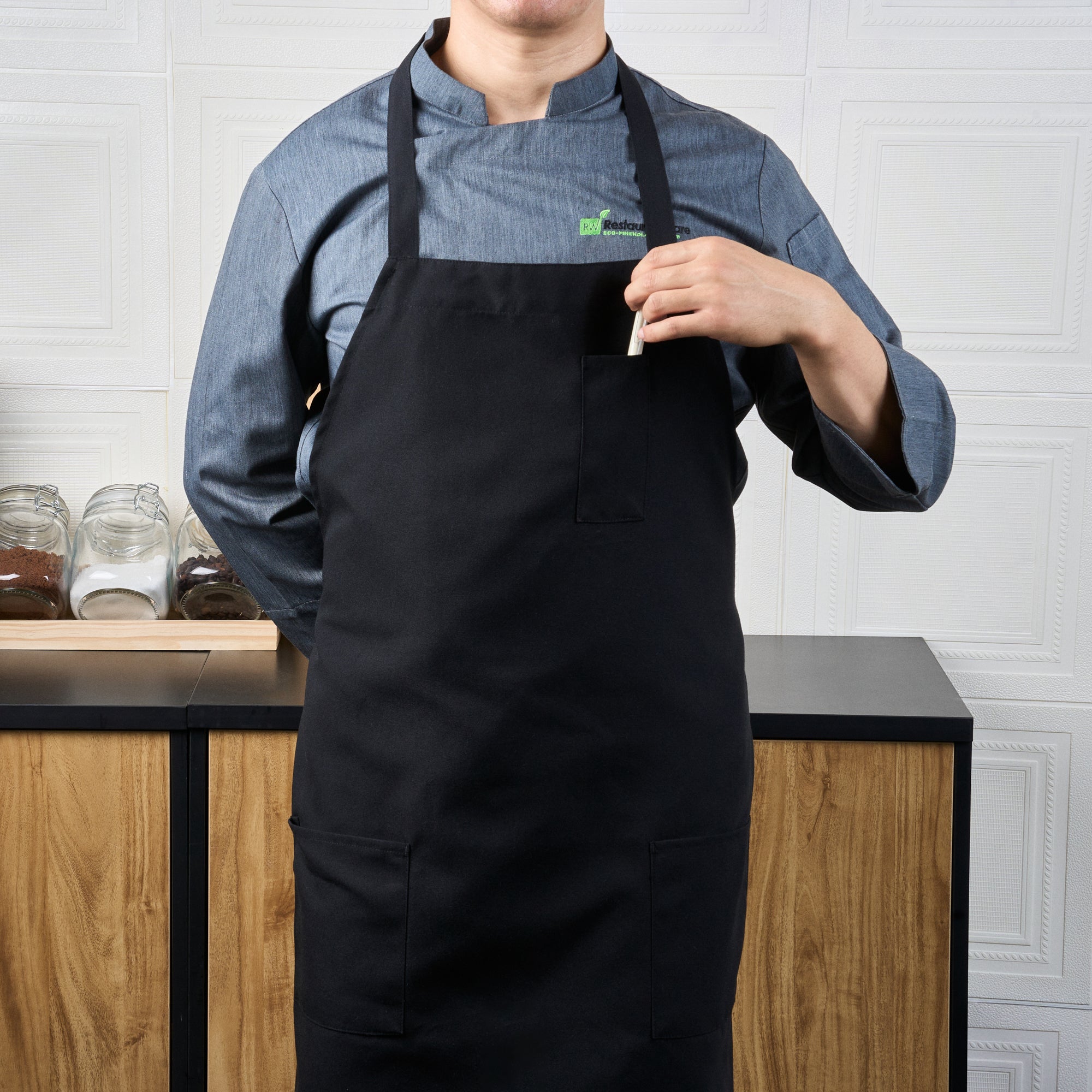 Chef 101 Black Standard Bib Apron - with 3 Pockets - 32 1/2'' x 27 1/2'' - 1 count box