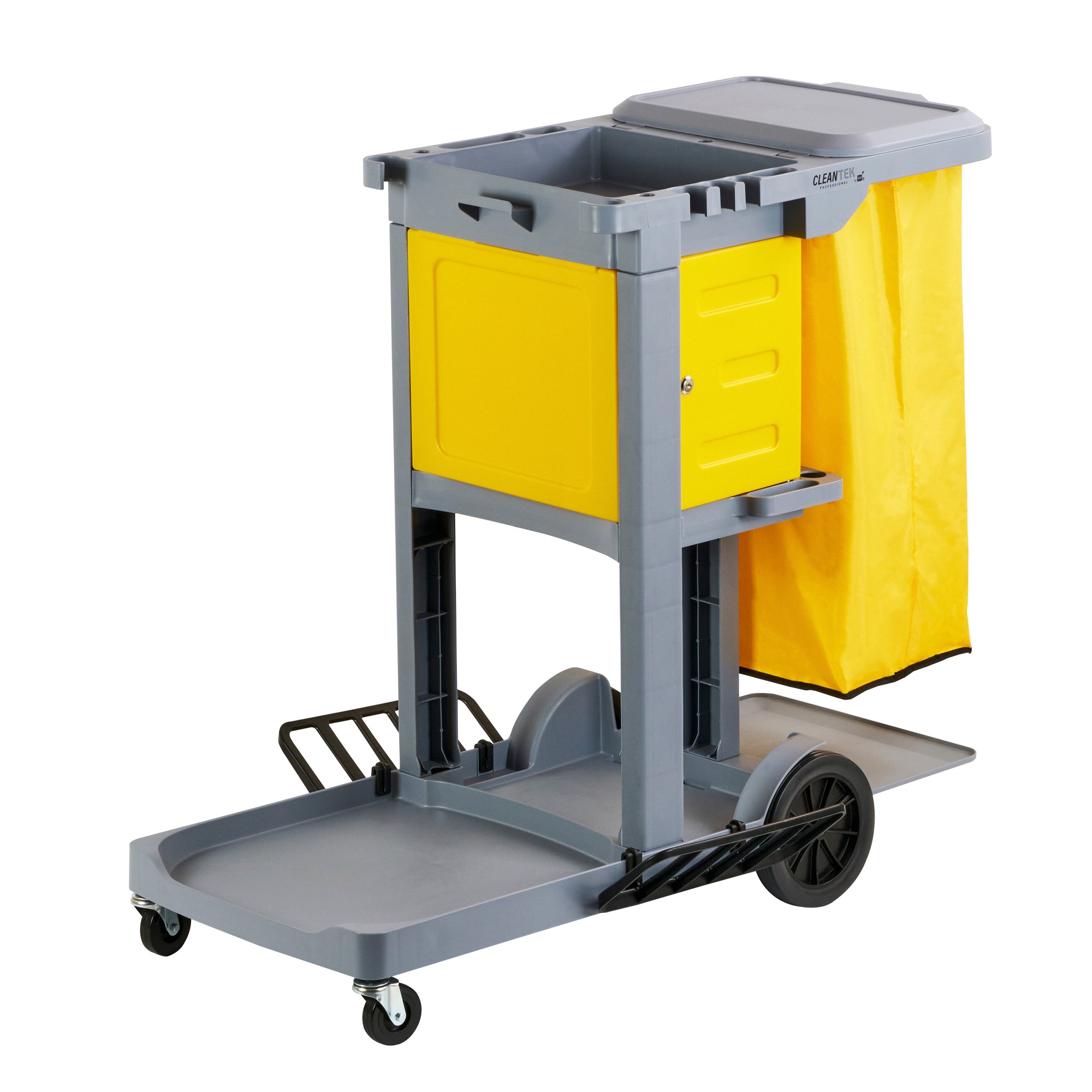 Janitro Box Clean Tek Professional Gray 3-Shelf Janitor Cart - 18 gal Bag, Lid ...