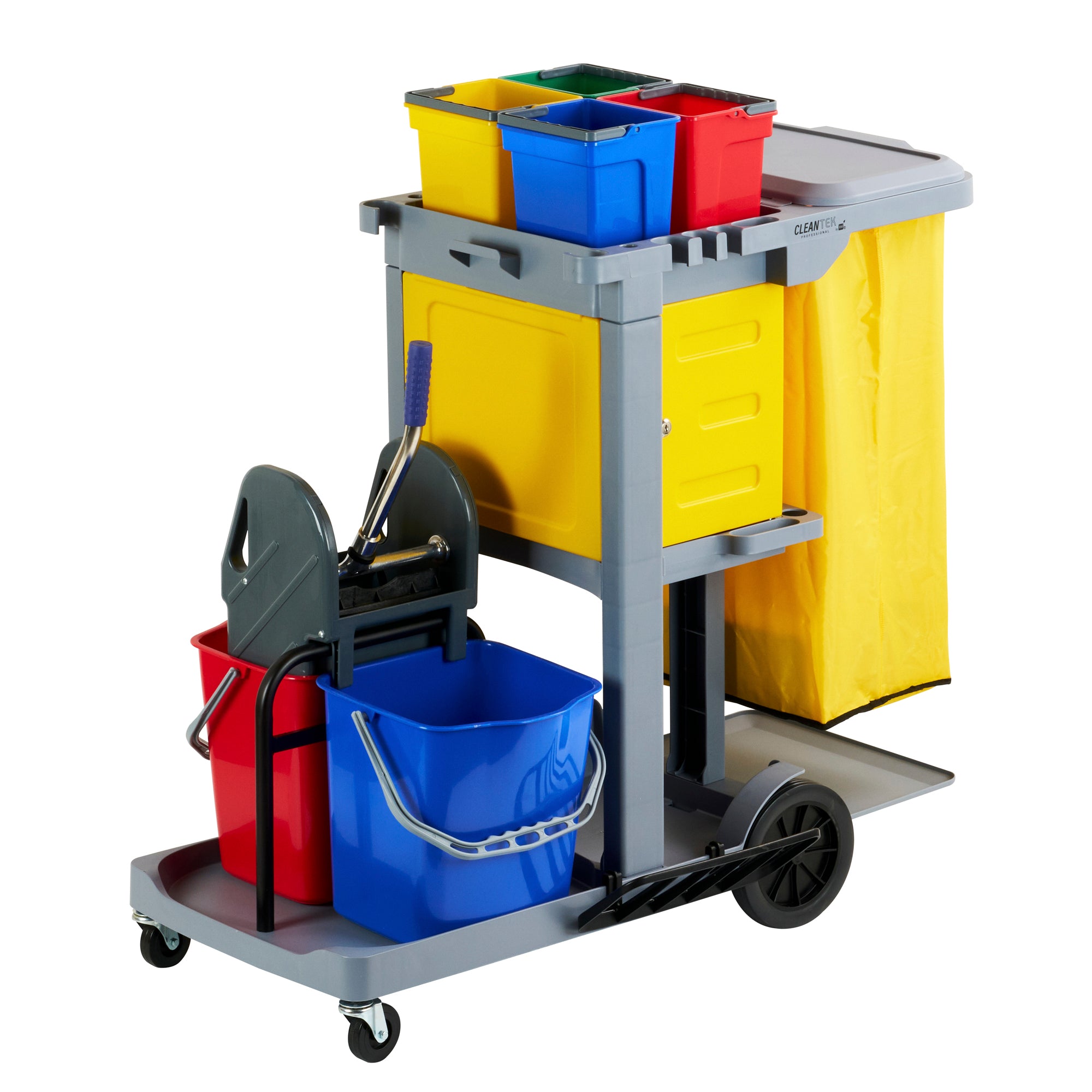 Janitro Box Clean Tek Professional Gray 3-Shelf Janitor Cart - 18 gal Bag,Lid, 6 ...