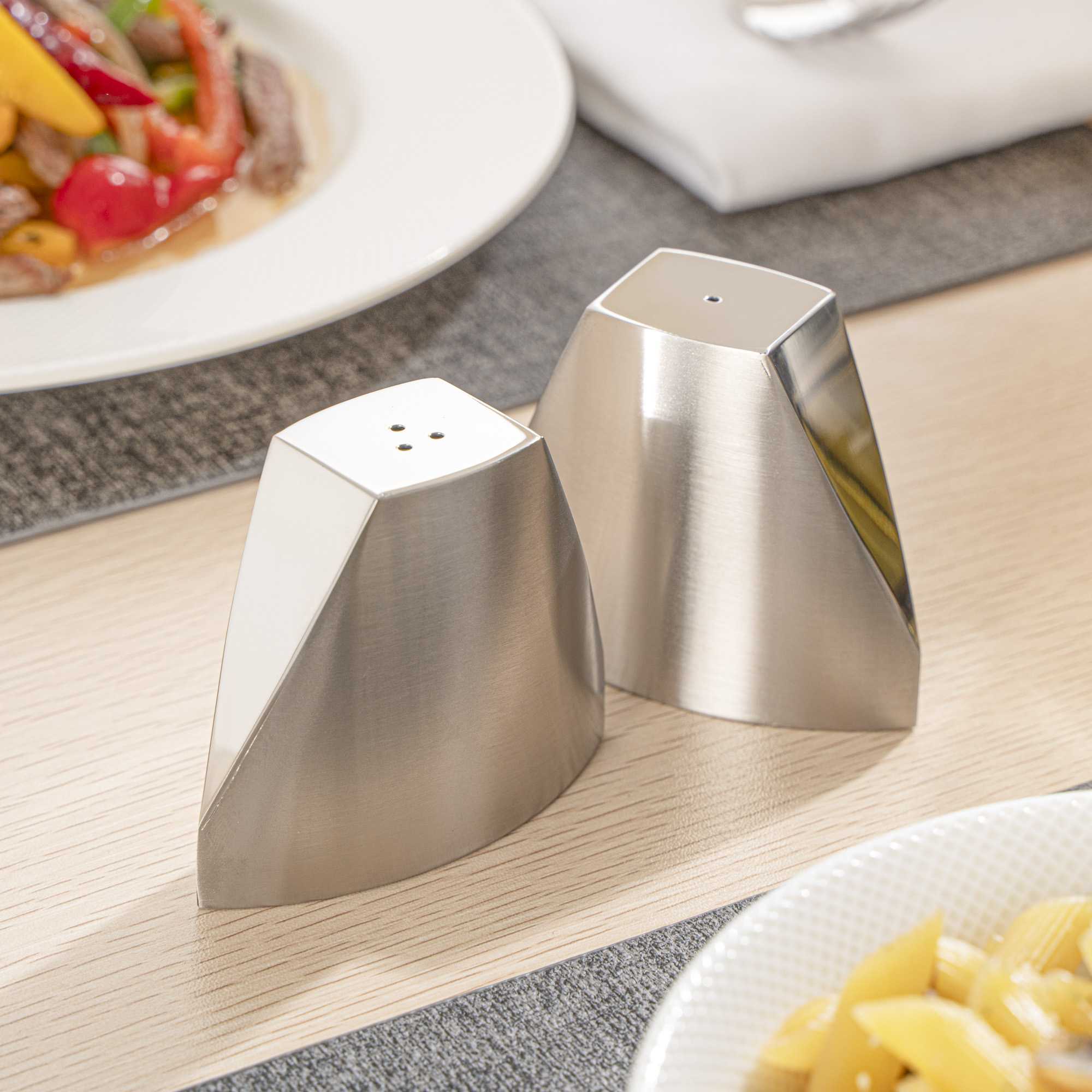 Chef 101 3 oz Silver Stainless Steel Wedge Salt And Pepper Shaker Set - 3 1/4" x 1" x 2 3/4"