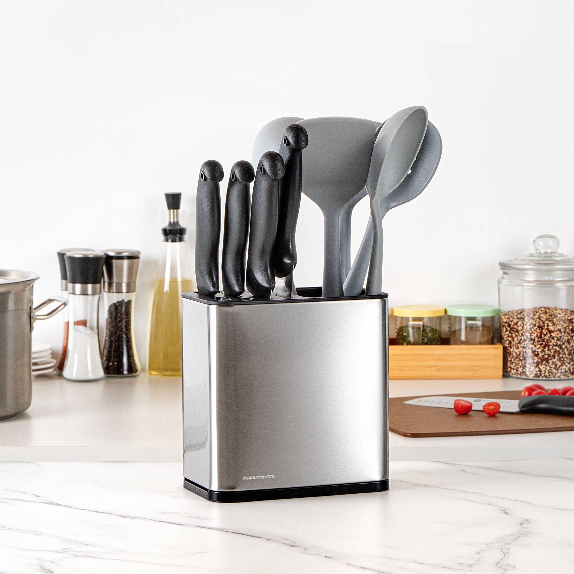Met Lux Stainless Steel Knife and Utensil Holder - with Drip Tray - 7 3/4" x 4 3/4" x 7 3/4" - 1 count box