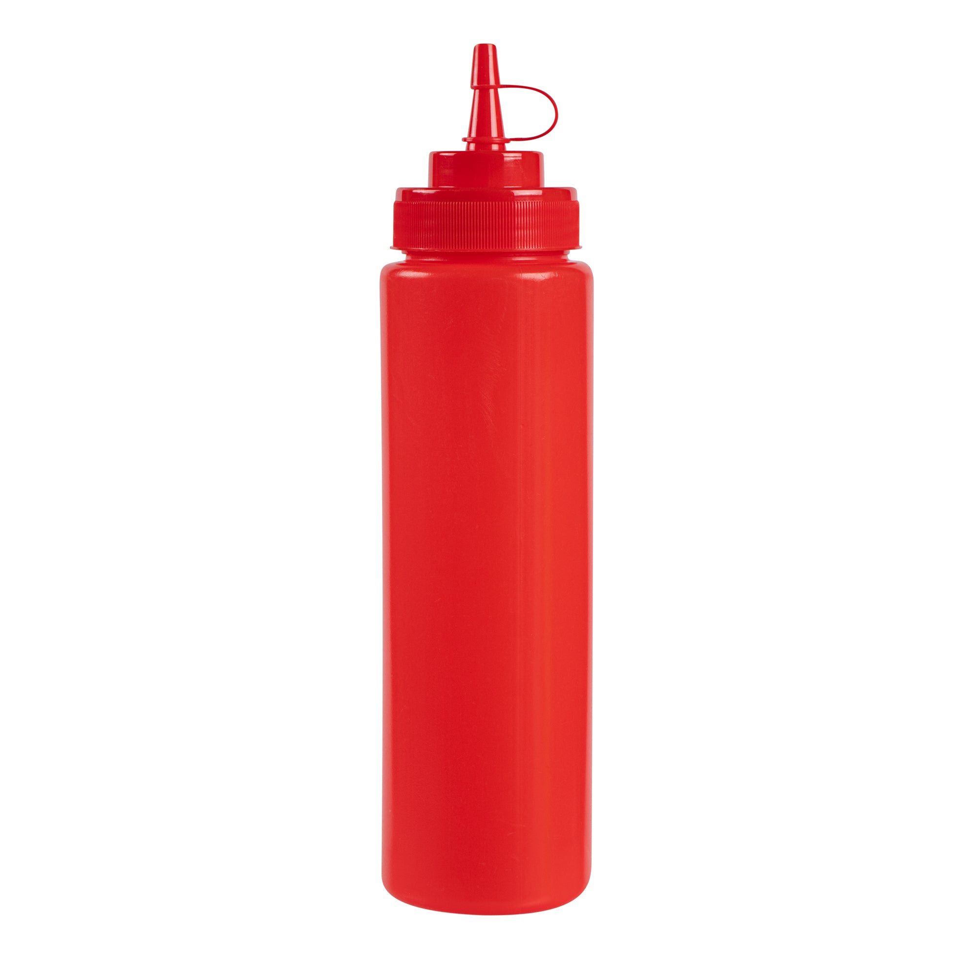 Sauce Tek 24 oz Red Plastic Squeeze Bottle - with Cap, Wide Mouth - 2 1/2" x 2 1/2" x 10 1/4" - 1 count box