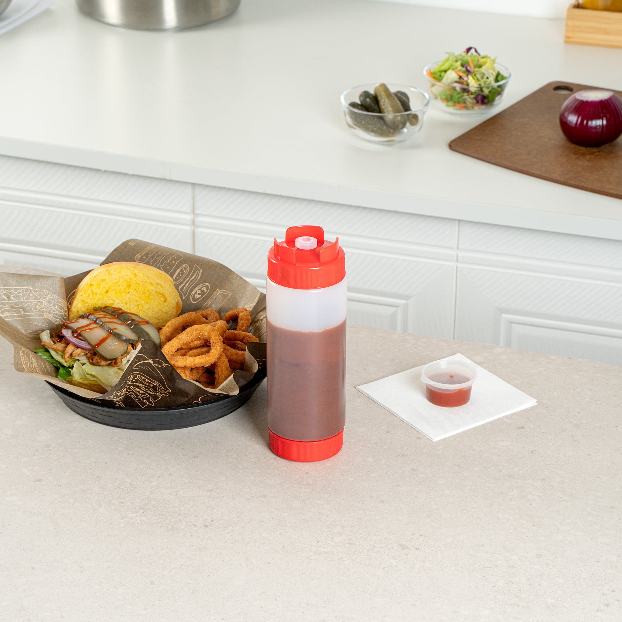 First In First Out 20 oz Red Plastic Squeeze Bottle - Inverted, Refill & Dispensing Lid - 2 3/4" x 2 3/4" x 7 3/4" - 1 count box