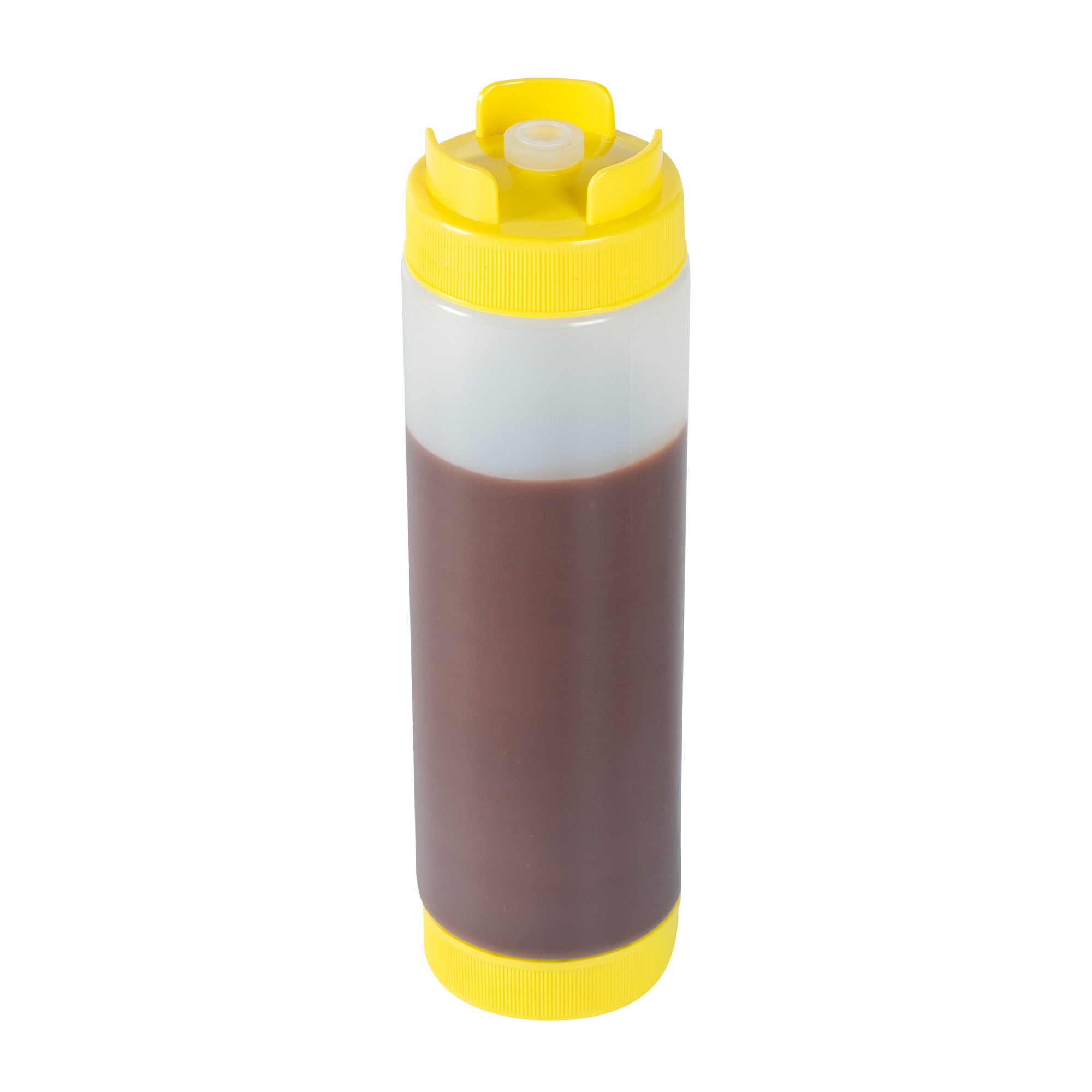 First In First Out 24 oz Yellow Plastic Squeeze Bottle - Inverted, Refill & Dispensing Lid - 2 3/4" x 2 3/4" x 9 1/4" - 1 count box