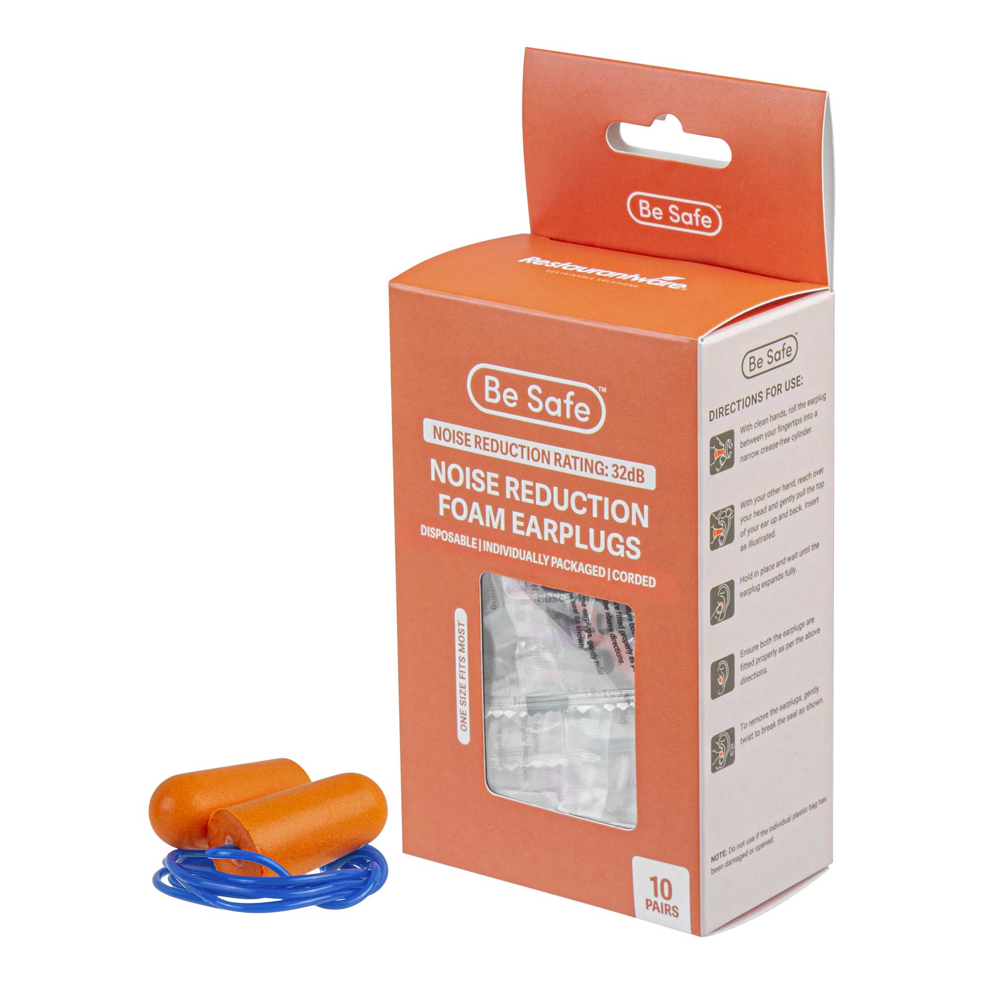 Be Safe Orange and Blue Corded Foam Earplugs - 200 pairs