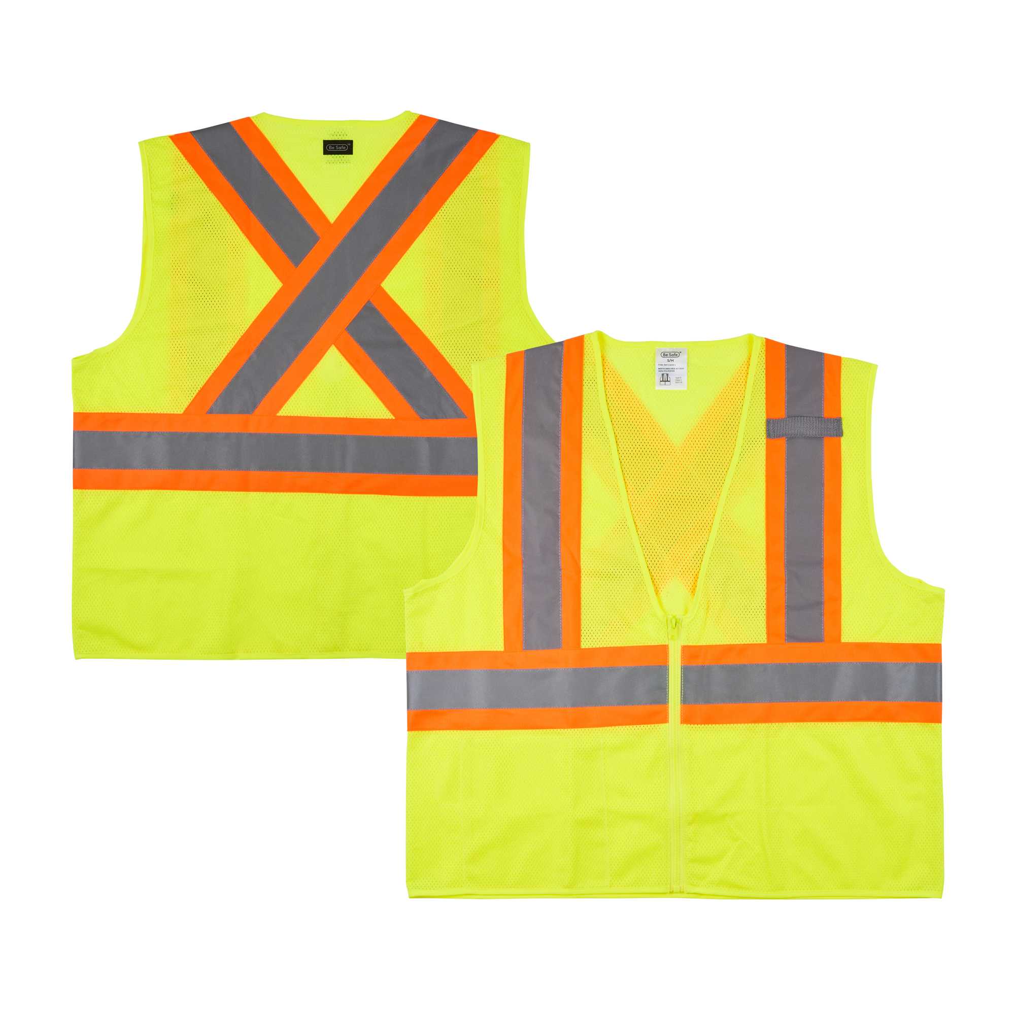 Be Safe Type R Class 2 Lime S/M High Visibility X-Back Reflective Tape Mesh Safety Vest - Zipper Closure - 1 count box