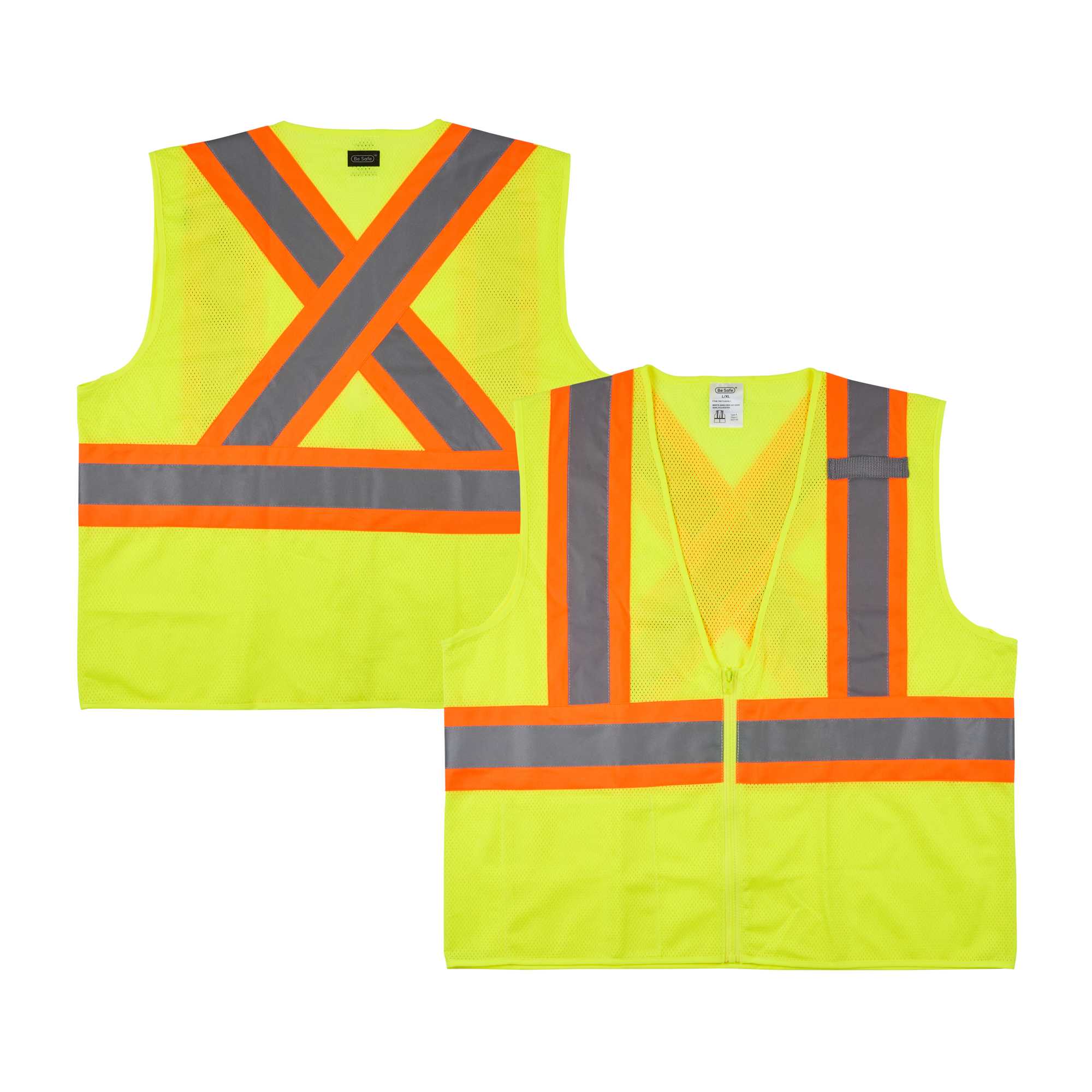 Be Safe Type R Class 2 Lime L/XL High Visibility X-Back Reflective Tape Mesh Safety Vest - Zipper Closure - 1 count box
