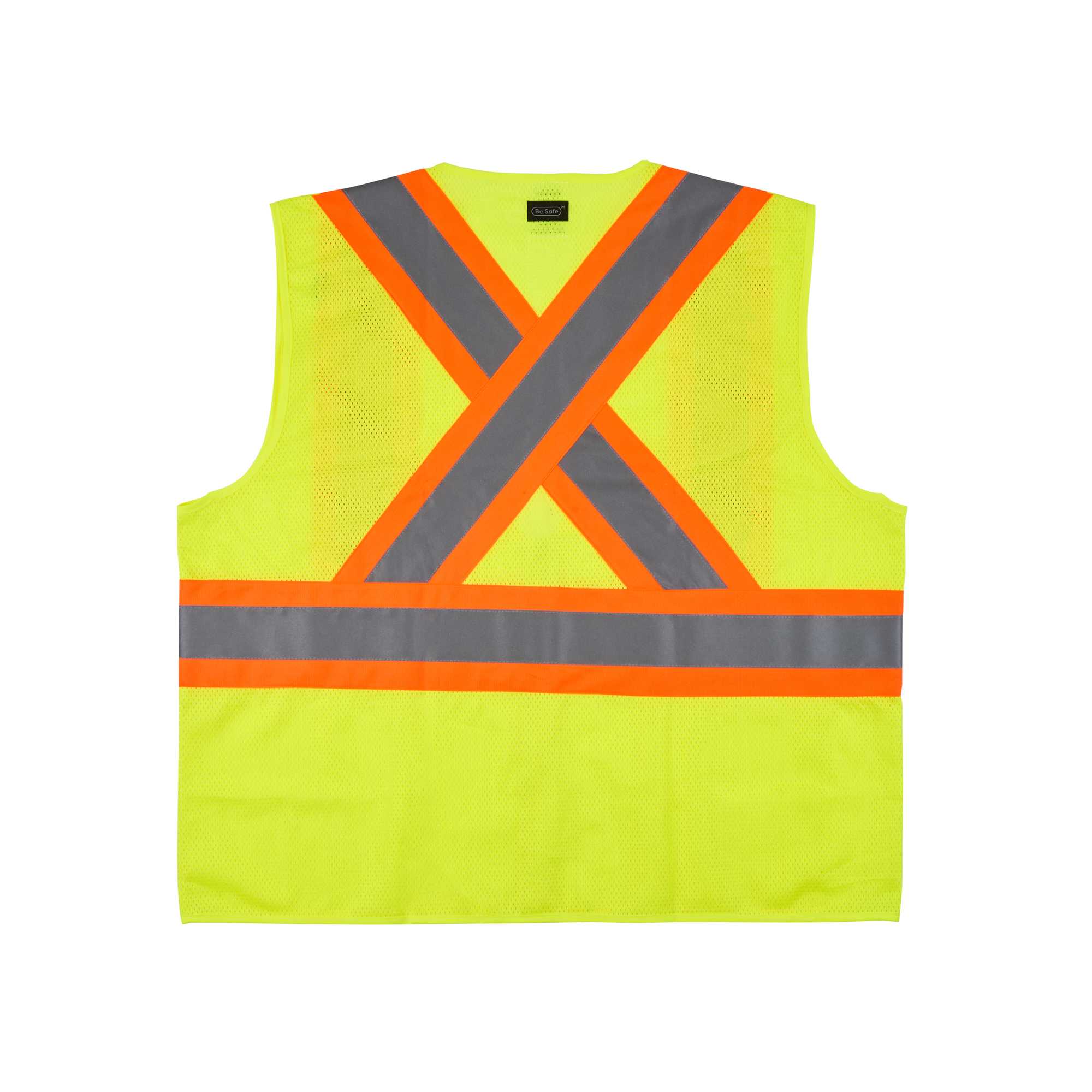 Be Safe Type R Class 2 Lime 2XL/3XL High Visibility X-Back Reflective Tape Mesh Safety Vest - Zipper Closure - 1 count box