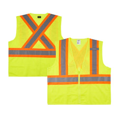 Be Safe Type R Class 2 Lime 2XL/3XL High Visibility X-Back Reflective Tape Mesh Safety Vest - Zipper Closure - 1 count box