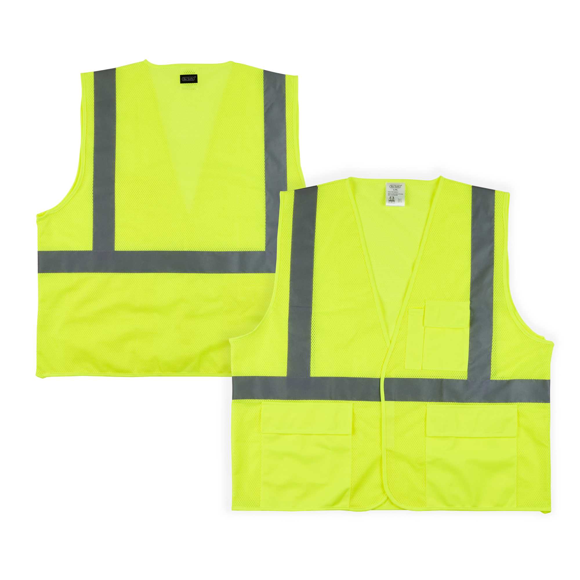 Be Safe Type R Class 2 Lime L/XL High Visibility Mesh Safety Vest - Hook/Loop Closure, Reflective Tape - 20 count box