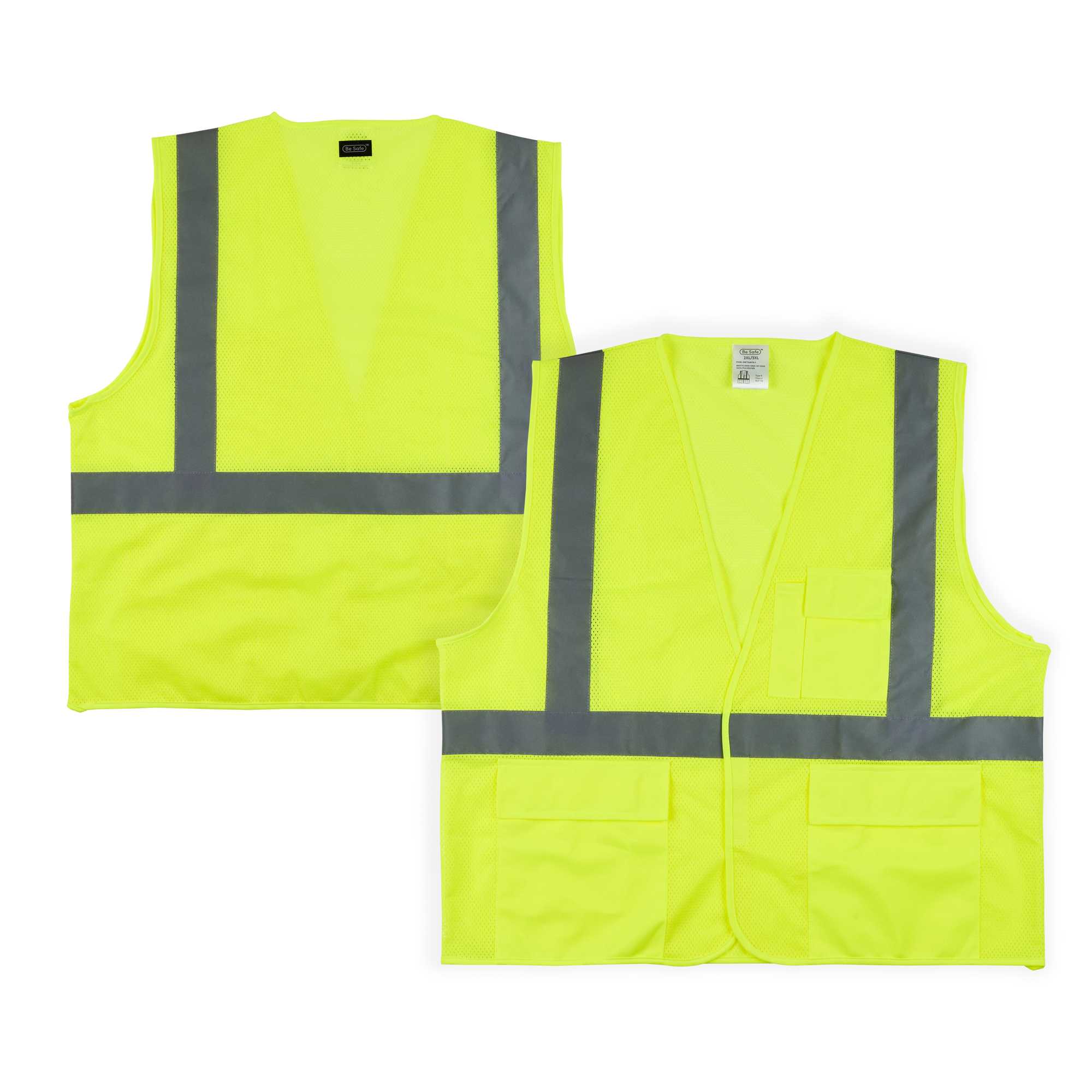 Be Safe Type R Class 2 Lime 2XL/3XL High Visibility Mesh Safety Vest - Hook/Loop Closure, Reflective Tape - 20 count box