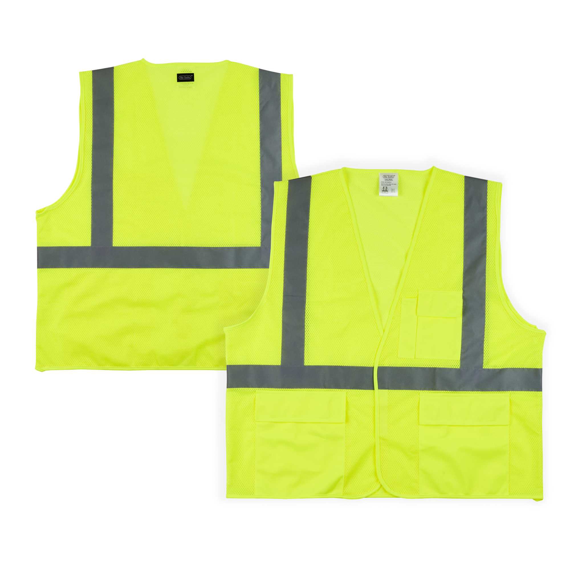 Be Safe Type R Class 2 Lime 4XL/5XL High Visibility Mesh Safety Vest - Hook/Loop Closure, Reflective Tape - 1 count box