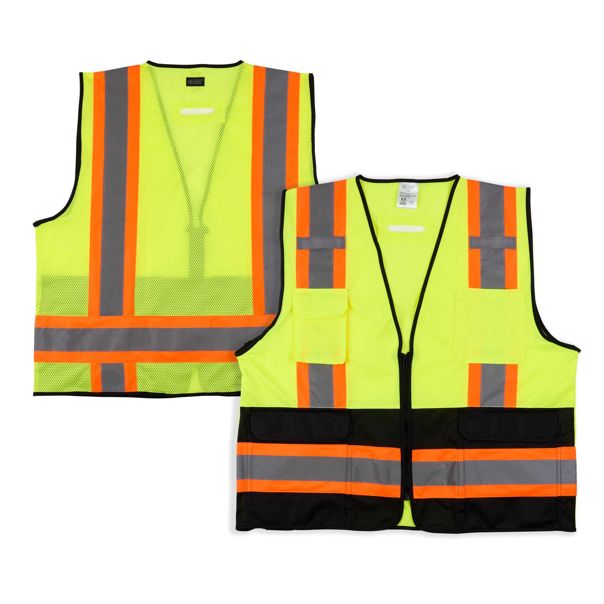 Be Safe Type R Class 2 Lime L/XL Deluxe High Visibility Safety Vest - Zipper Closure, Black Panel, Reflective Tape - 20 count box
