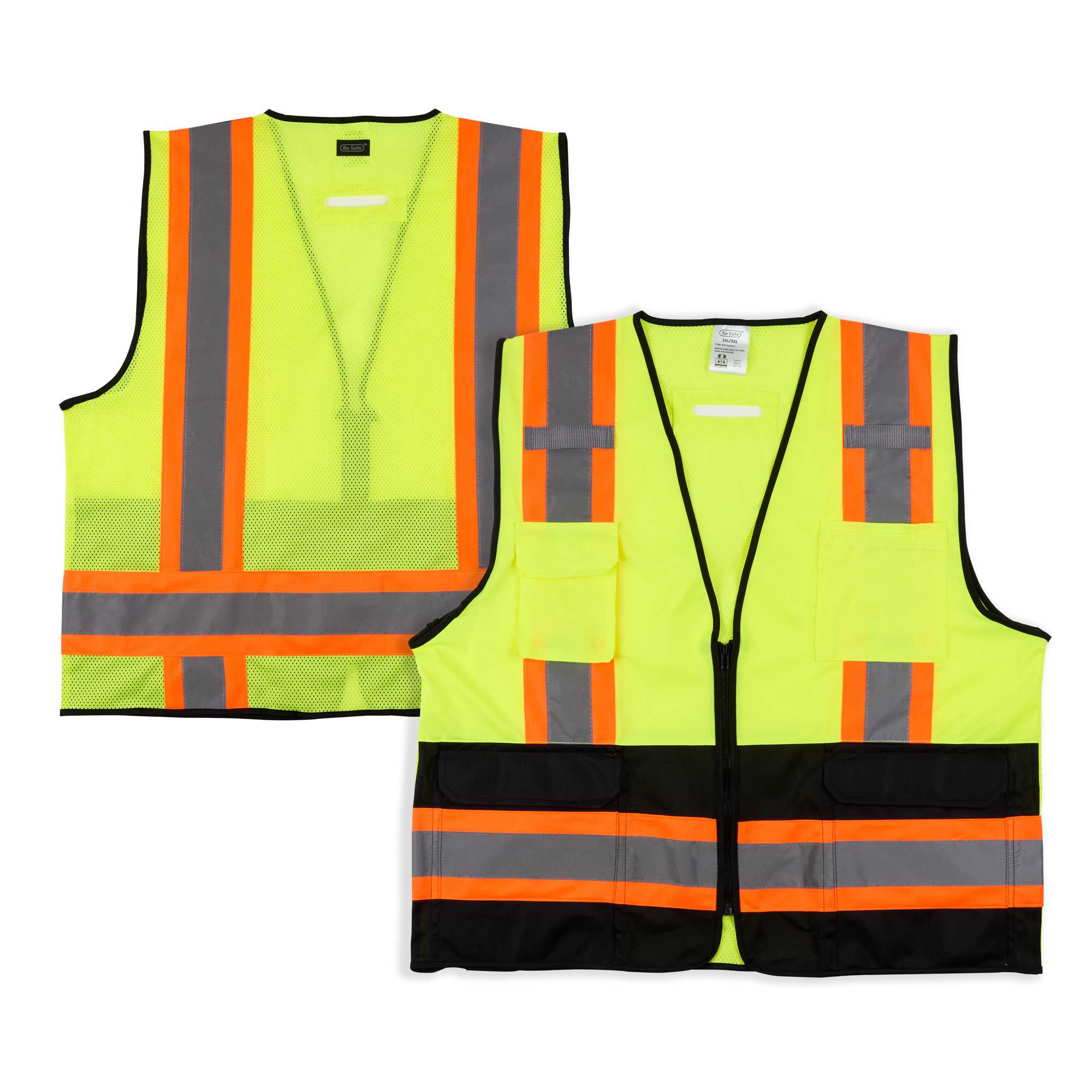 Be Safe Type R Class 2 Lime 2XL/3XL Deluxe High Visibility Safety Vest - Zipper Closure, Black Panel, Reflective Tape - 20 count box
