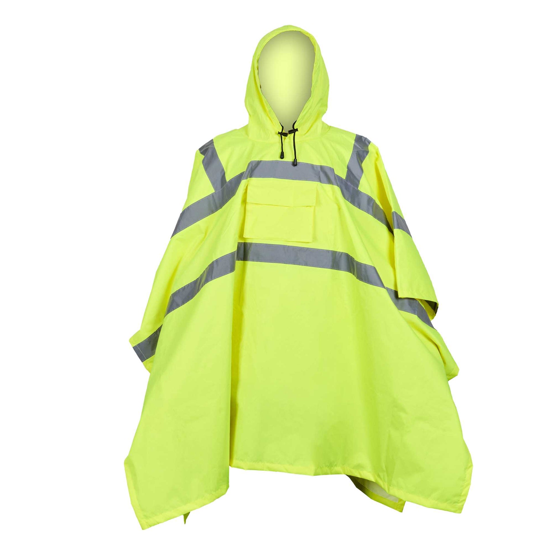 Be Safe Type R Class 3 Lime One Size Fits All High Visibility Lightweight Rain Poncho - Reflective Tape - 20 count box