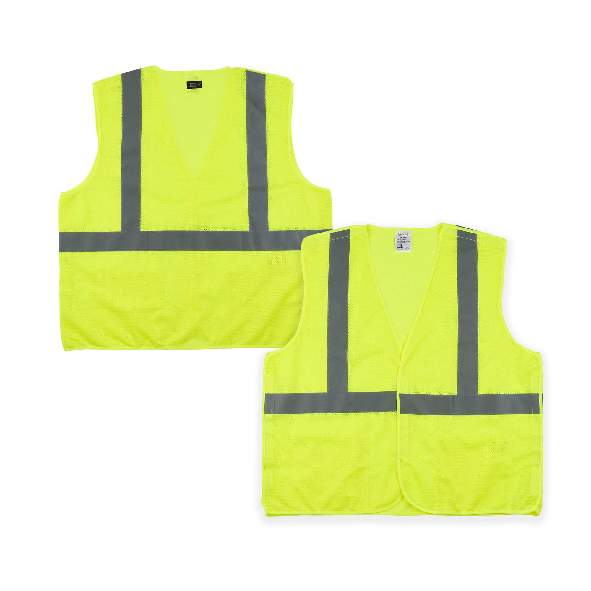 Be Safe Type R Class 2 Lime 2XL/3XL High Visibility 5-Point Breakaway Mesh Safety Vest - Hook/Loop Closure, Reflective Tape - 1 count box