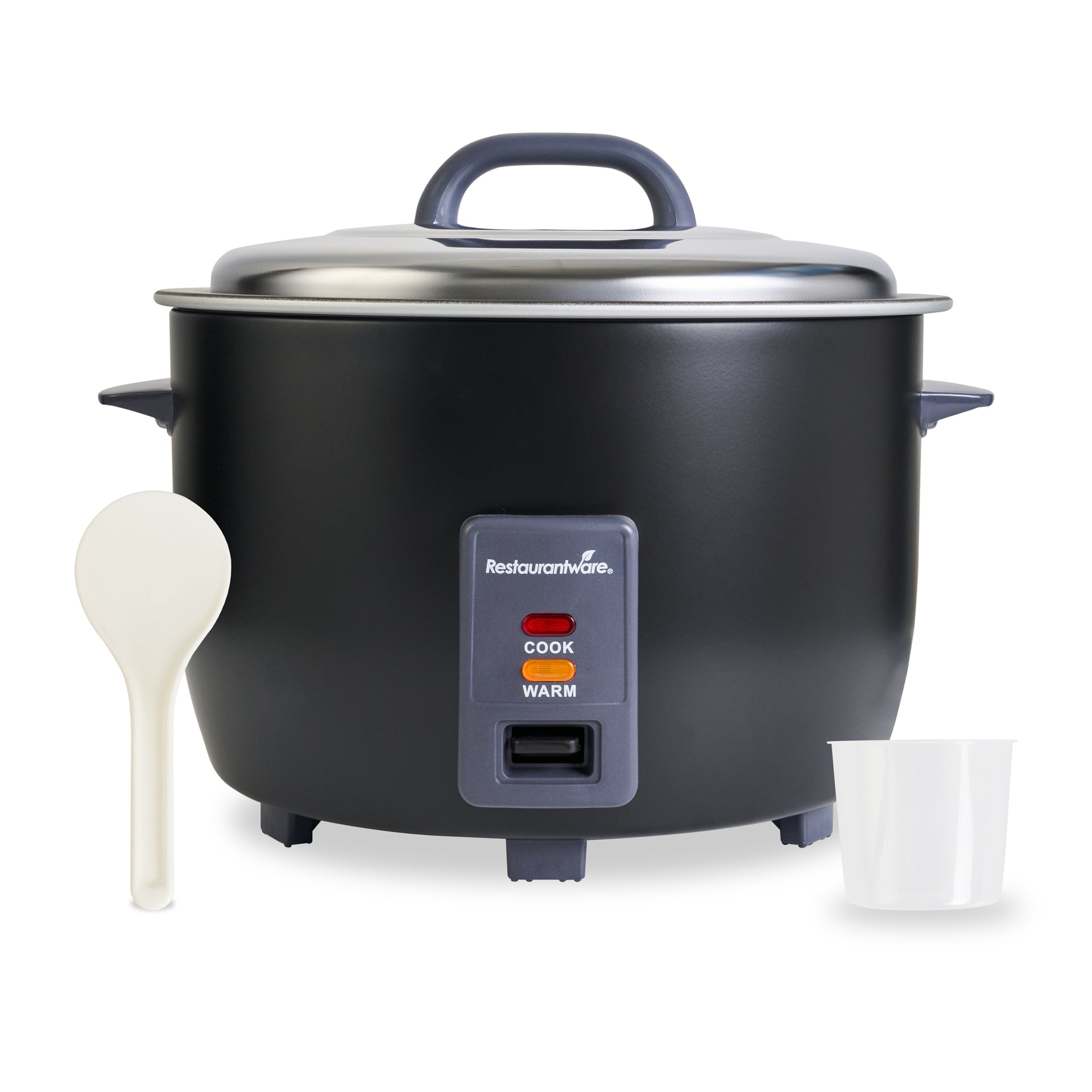 Kitchen Tek 60 Cup (30 Cup Raw) Black Steel Electric Rice Cooker / Warmer - with Removable Lid, 110-120V, 1650W - 1 count box