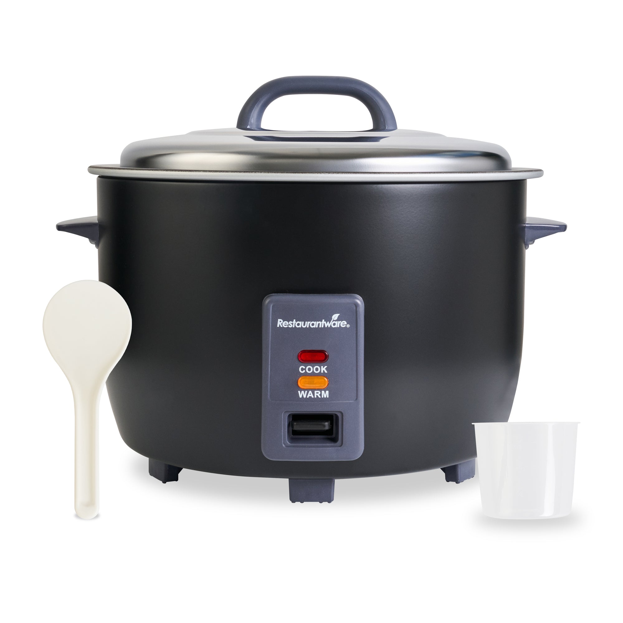 Kitchen Tek 60 Cup (30 Cup Raw) Black Steel Electric Rice Cooker / Warmer - with Removable Lid, 110-120V, 1650W - 1 count box