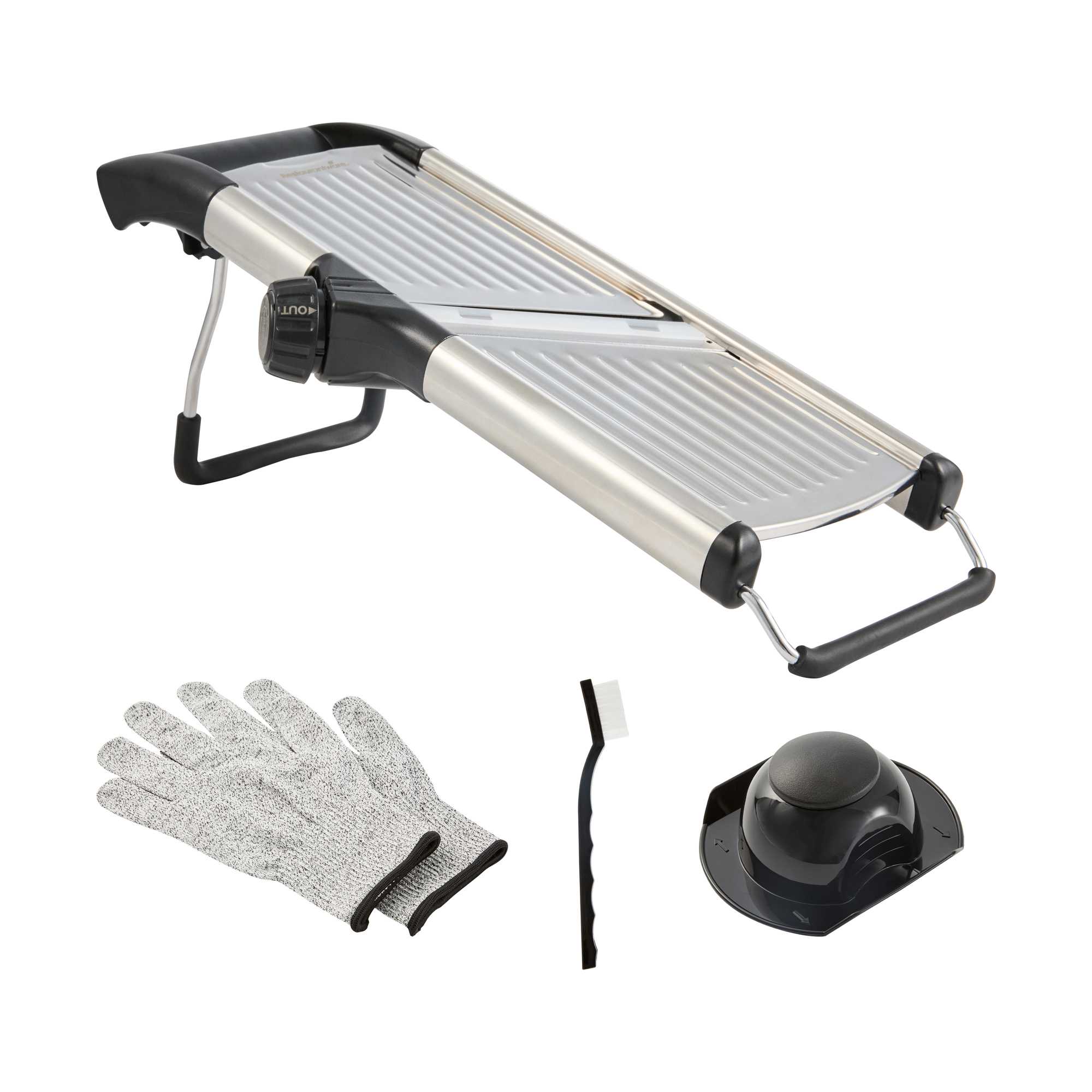 German Standard Stainless Steel Heavy-Duty Adjustable Mandoline Slicer - Cut-Resistant Gloves, Cleaning Brush, Blade Guard - 1 count box