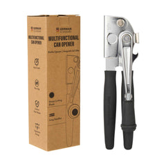 German Standard Black Stainless Steel Handheld Crank Can Opener - Magnetic Lid Lifter,Long Handles - 8 3/4