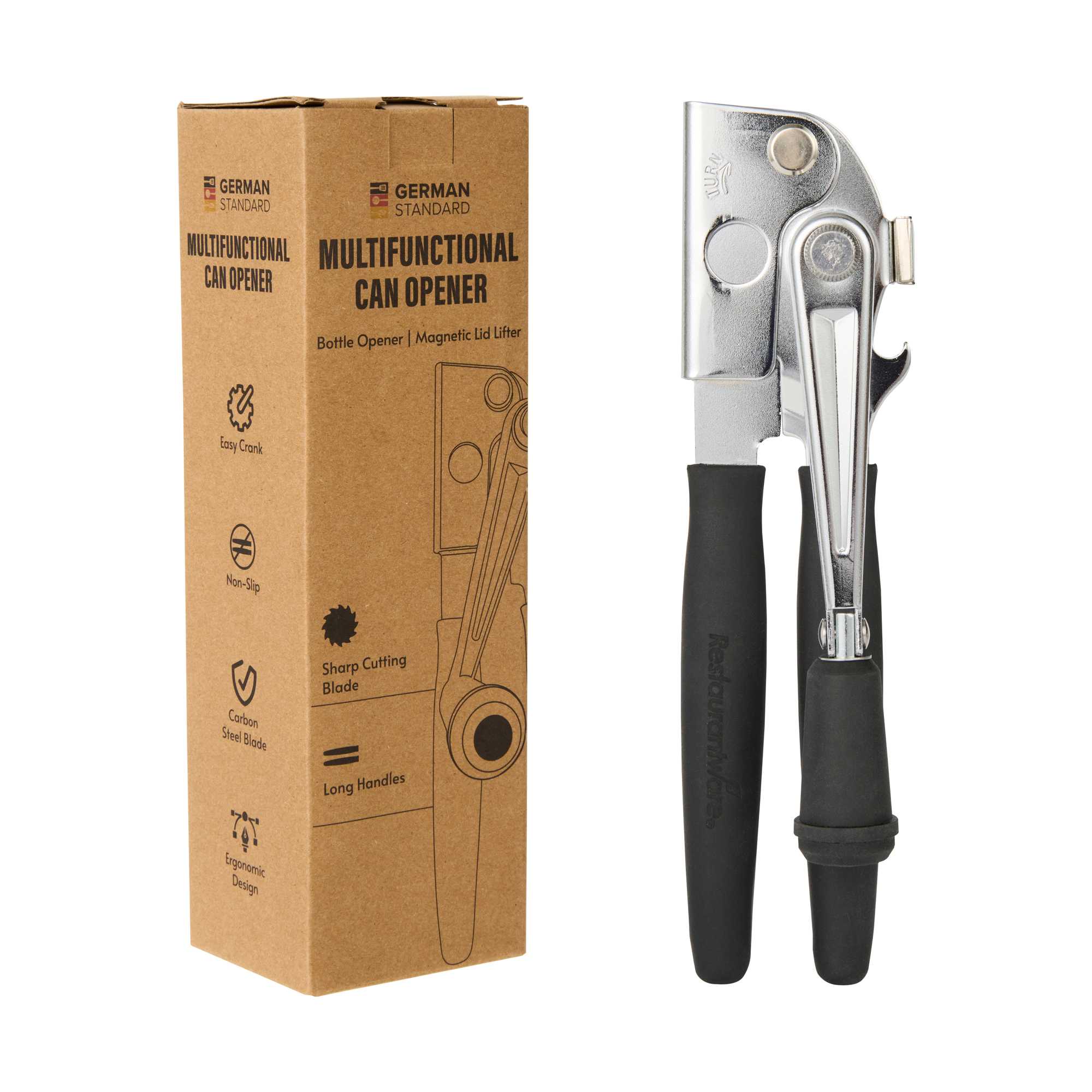 German Standard Black Stainless Steel Handheld Crank Can Opener - Magnetic Lid Lifter, Long Handles - 8 3/4" x 2 1/4" x 3 1/2" - 6 count box