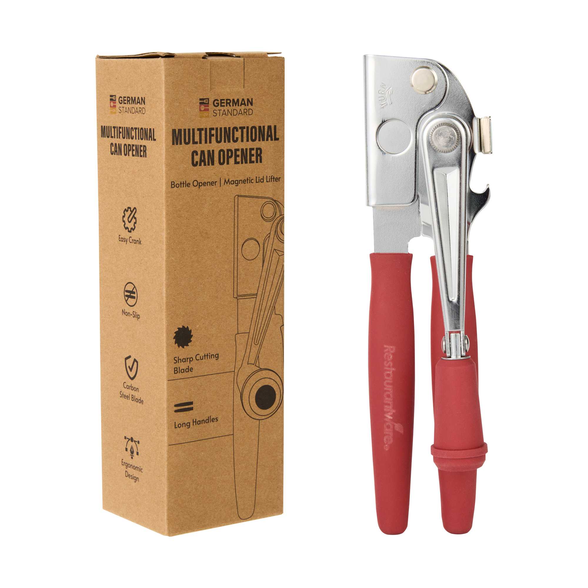 German Standard Red Stainless Steel Handheld Crank Can Opener - Magnetic Lid Lifter, Long Handles - 8 3/4" x 2 1/4" x 3 1/2" - 6 count box