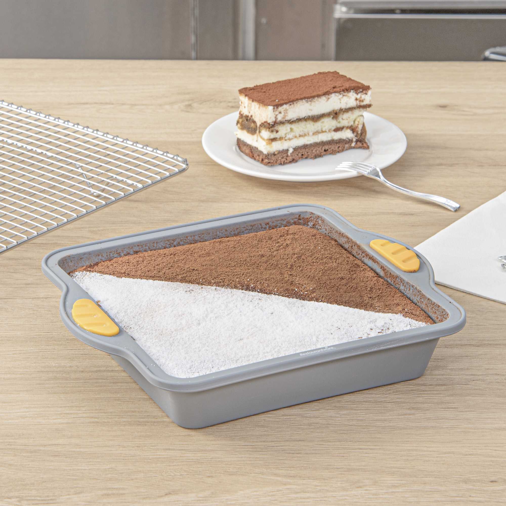 Pastry Tek Square Gray Silicone Cake Pan - Non-Stick, with Handles - 9 3/4" x 8 1/2" x 1 3/4" - 10 count box