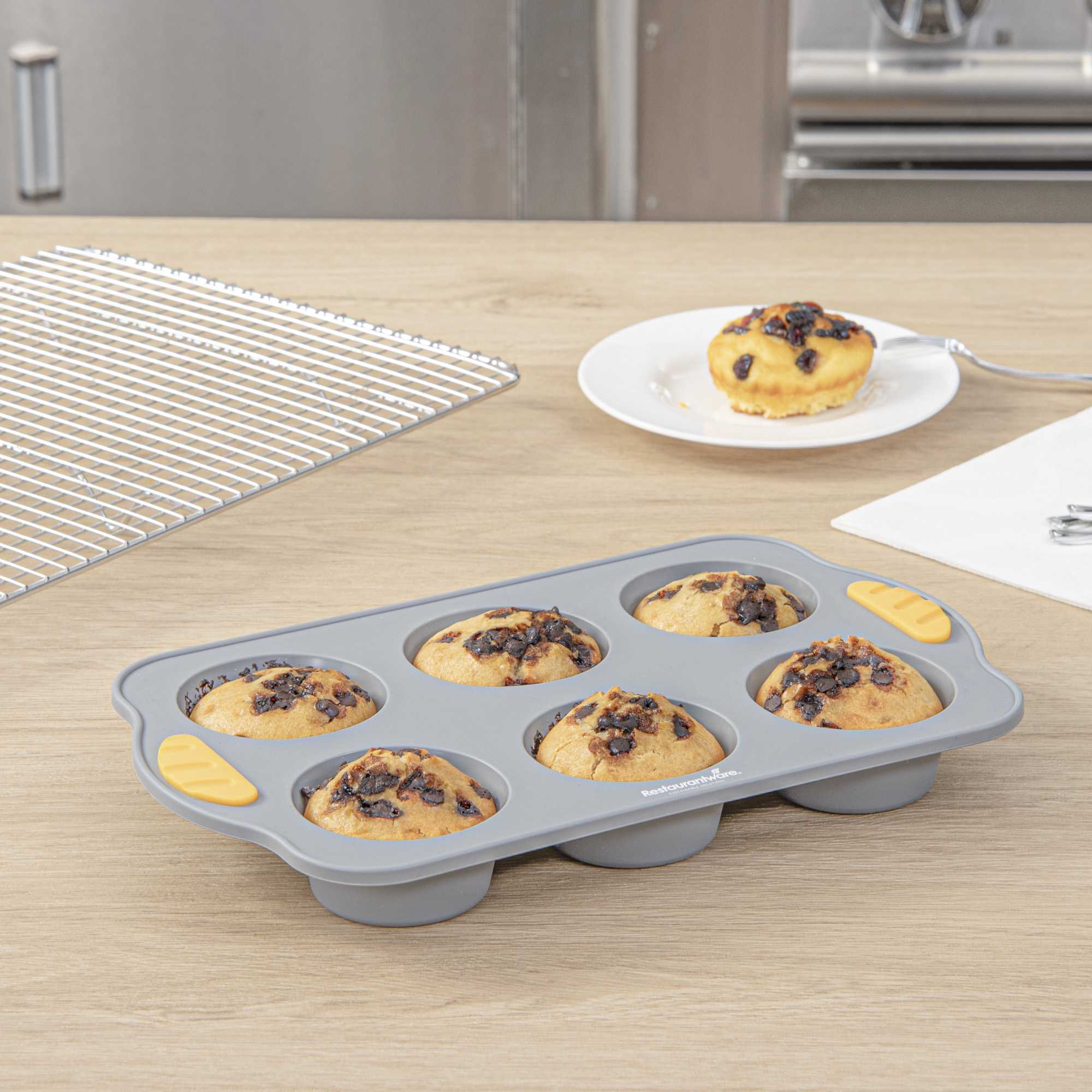 Pastry Tek Gray Silicone Muffin / Cupcake Pan - 6 Compartments, Non-Stick, with Handles - 11 1/2" x 7" x 1 1/2" - 10 count box