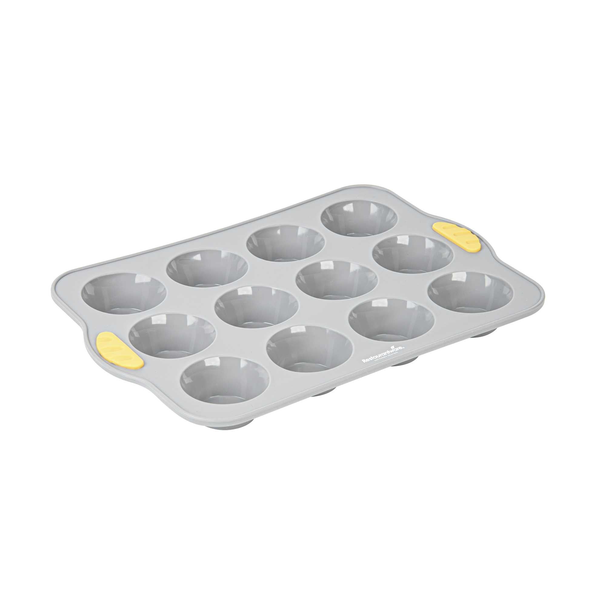 Pastry Tek Gray Silicone Muffin / Cupcake Pan - 12 Compartments, Non-Stick, with Handles - 13" x 9 1/4" x 1 1/4" - 10 count box