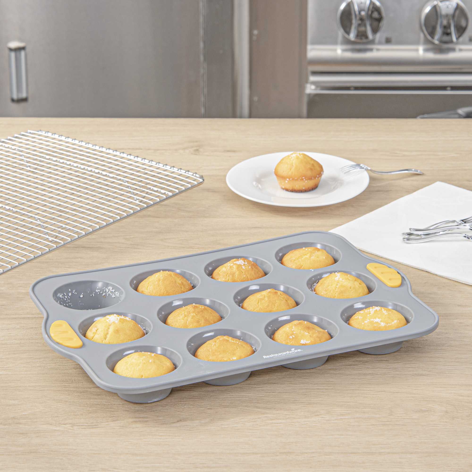 Pastry Tek Gray Silicone Muffin / Cupcake Pan - 12 Compartments, Non-Stick, with Handles - 13" x 9 1/4" x 1 1/4" - 10 count box