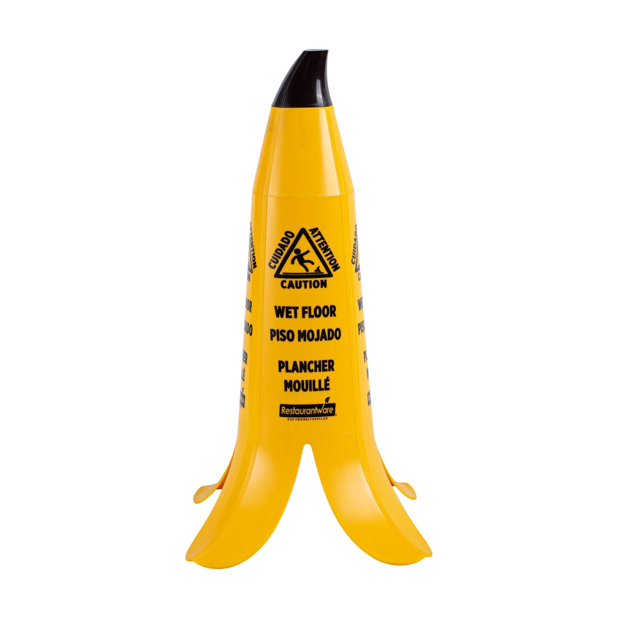 Clean Tek Professional Yellow Plastic Banana Wet Floor Cone - Multilingual, with Brown Stem - 23 1/2" - 6 count box
