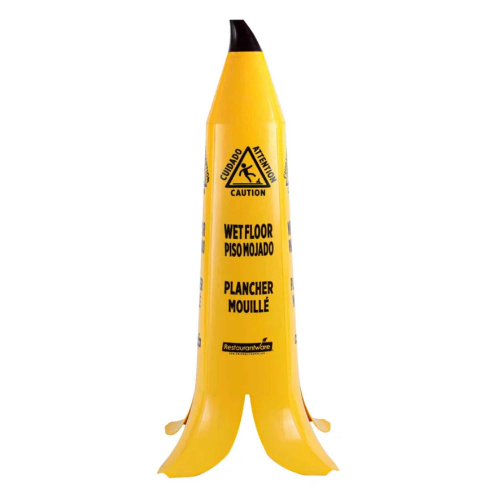 Clean Tek Professional Yellow Plastic Banana Wet Floor Cone - Multilingual, with Brown Stem - 35 1/2" - 1 count box
