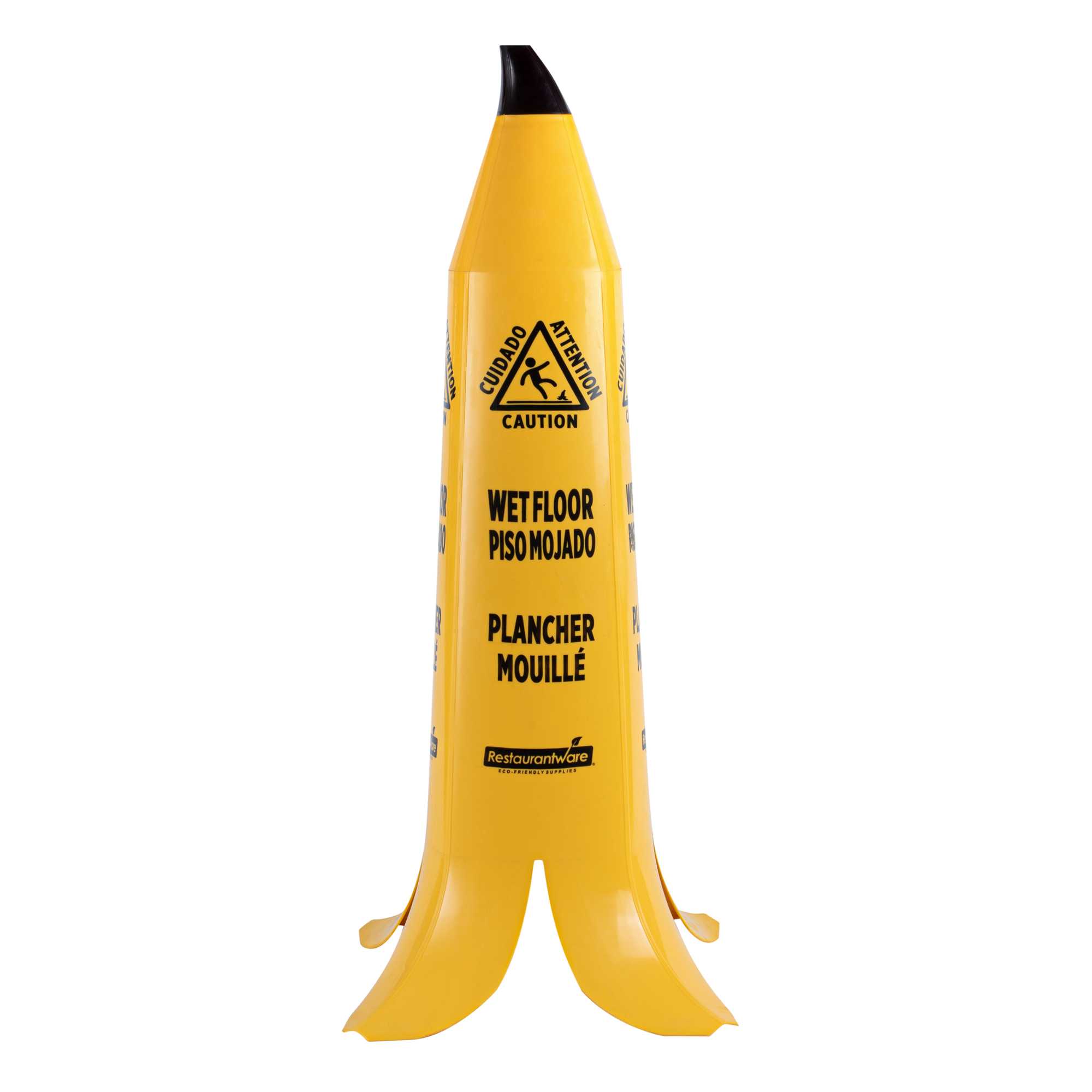 Clean Tek Professional Yellow Plastic Banana Wet Floor Cone - Multilingual, with Brown Stem - 35 1/2" - 5 count box