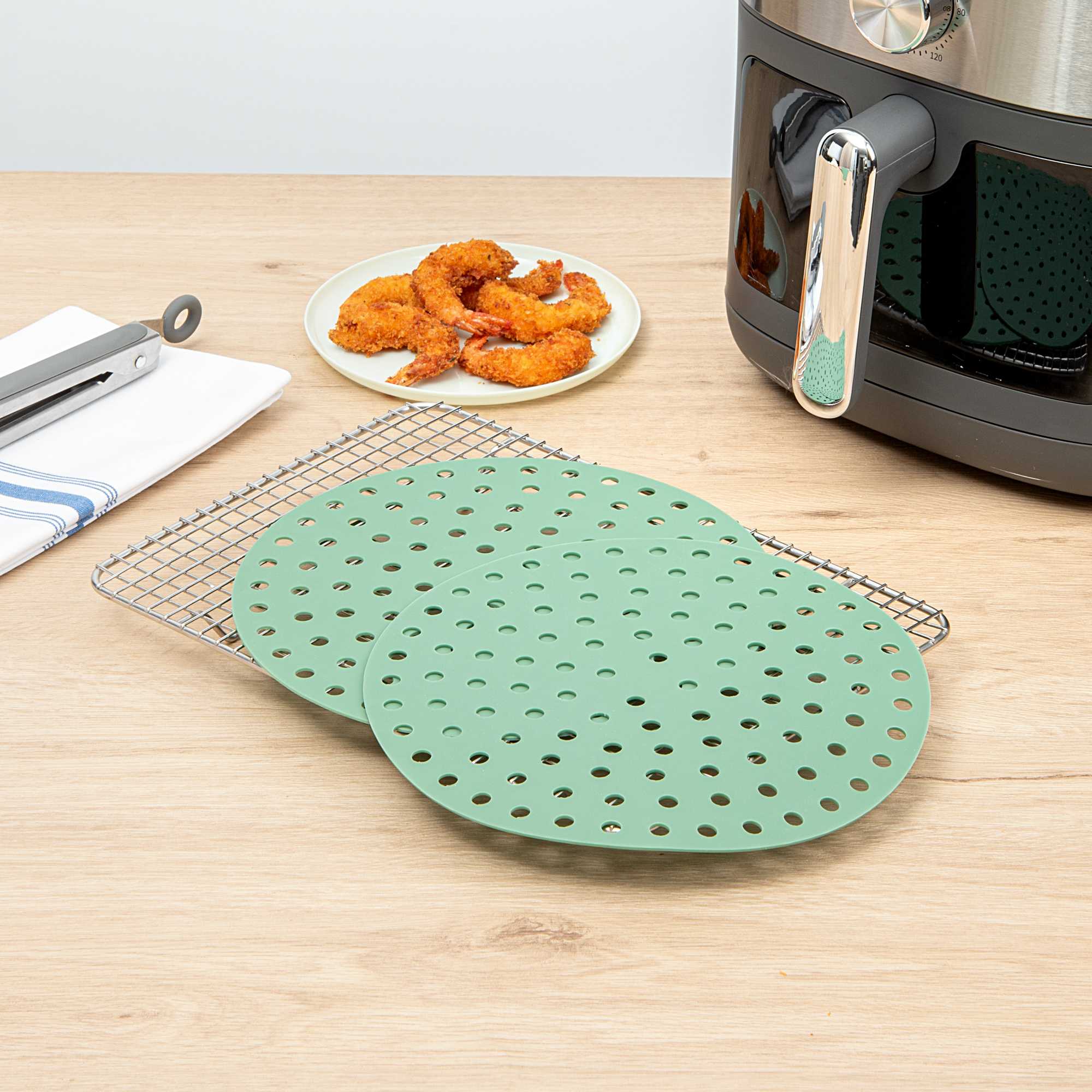 Pastry Tek Round Green Reusable Silicone Air Fryer Liner - Non-Stick, For 7 qt - 9" - 2 count box