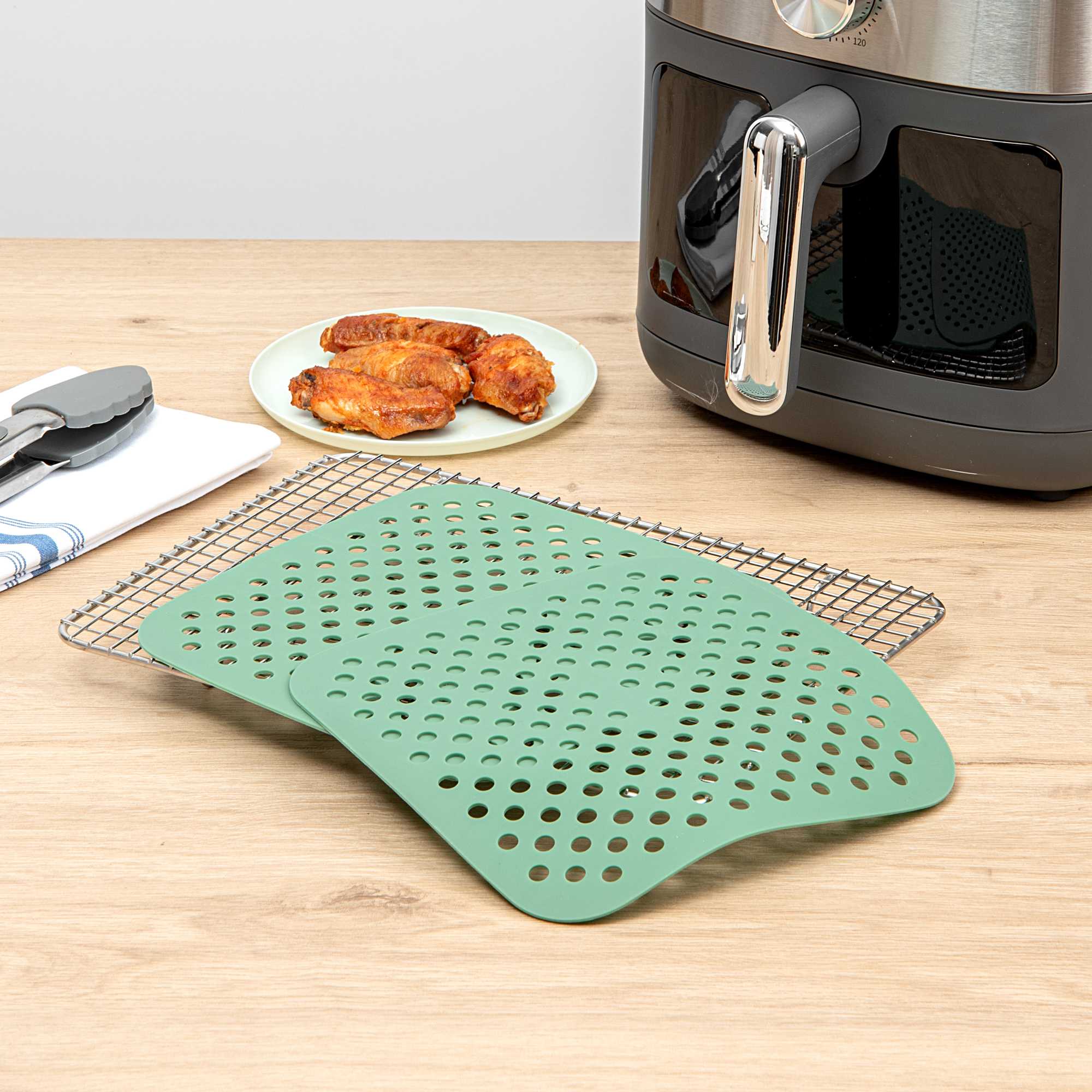 Pastry Tek Square Green Reusable Silicone Air Fryer Liner - Non-Stick, For 5 qt or Bigger - 8 1/2" - 2 count box
