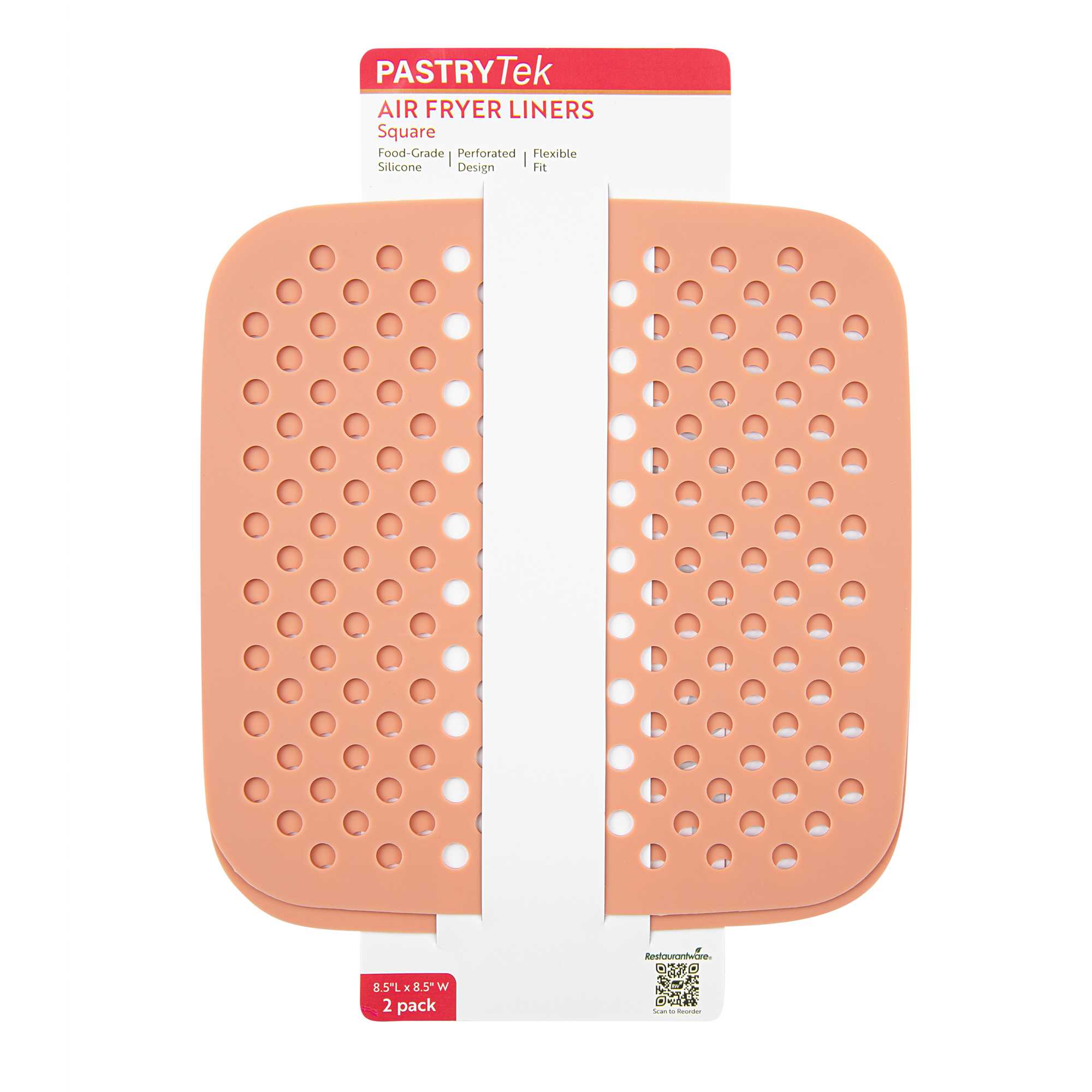 Pastry Tek Square Orange Reusable Silicone Air Fryer Liner - Non-Stick, For 5 qt or Bigger - 8 1/2" - 2 count box