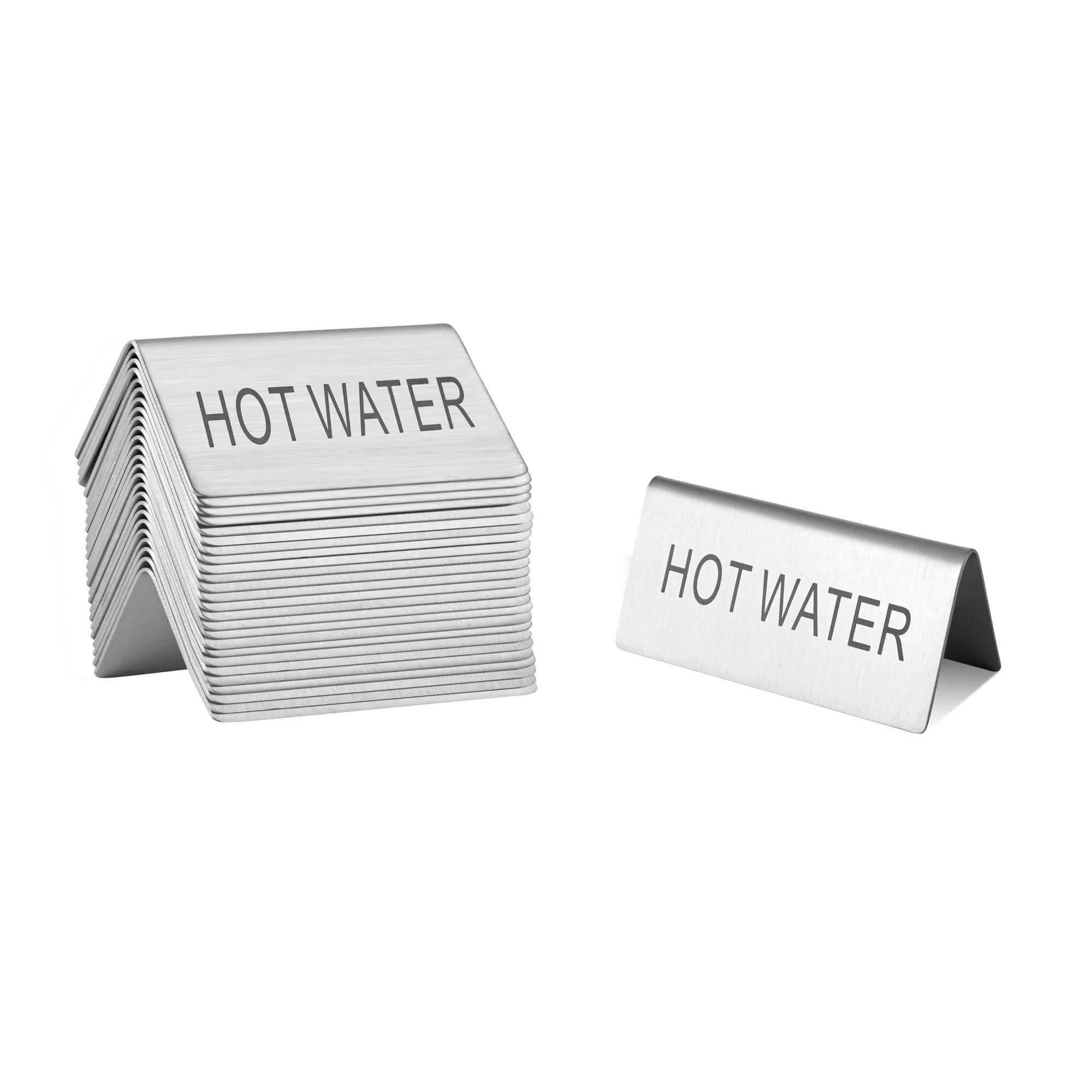 Met Lux Double-Sided Stainless Steel "Hot Water" Table Tent Sign - 3" x 1 1/2" - 12 count box