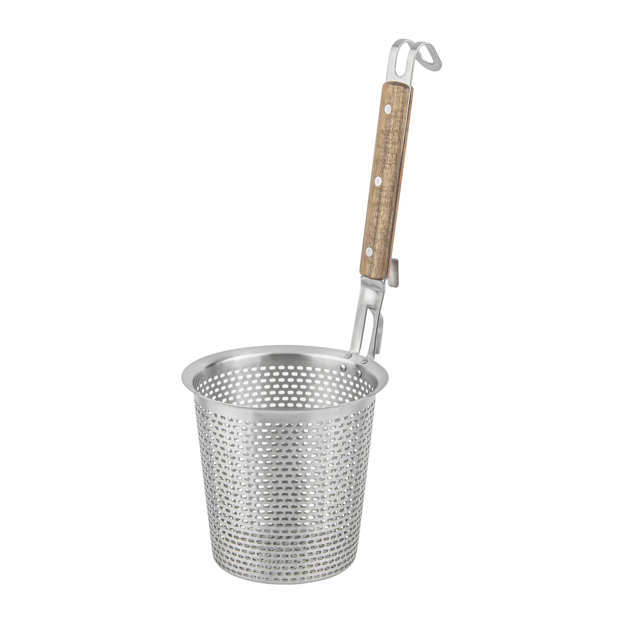Met Lux Stainless Steel Noodle Strainer / Blanching Basket - with Wooden Handle - 5 1/2" x 5 1/2" x 15 1/2" - 1 count box