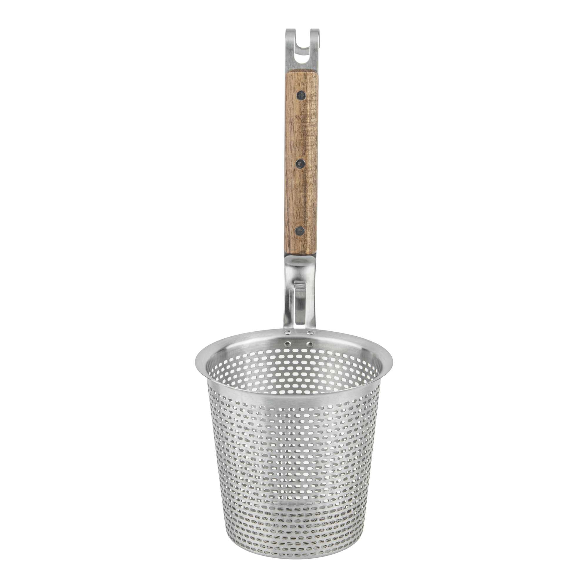 Met Lux Stainless Steel Noodle Strainer / Blanching Basket - with Wooden Handle - 5 1/2" x 5 1/2" x 15 1/2" - 60 count box