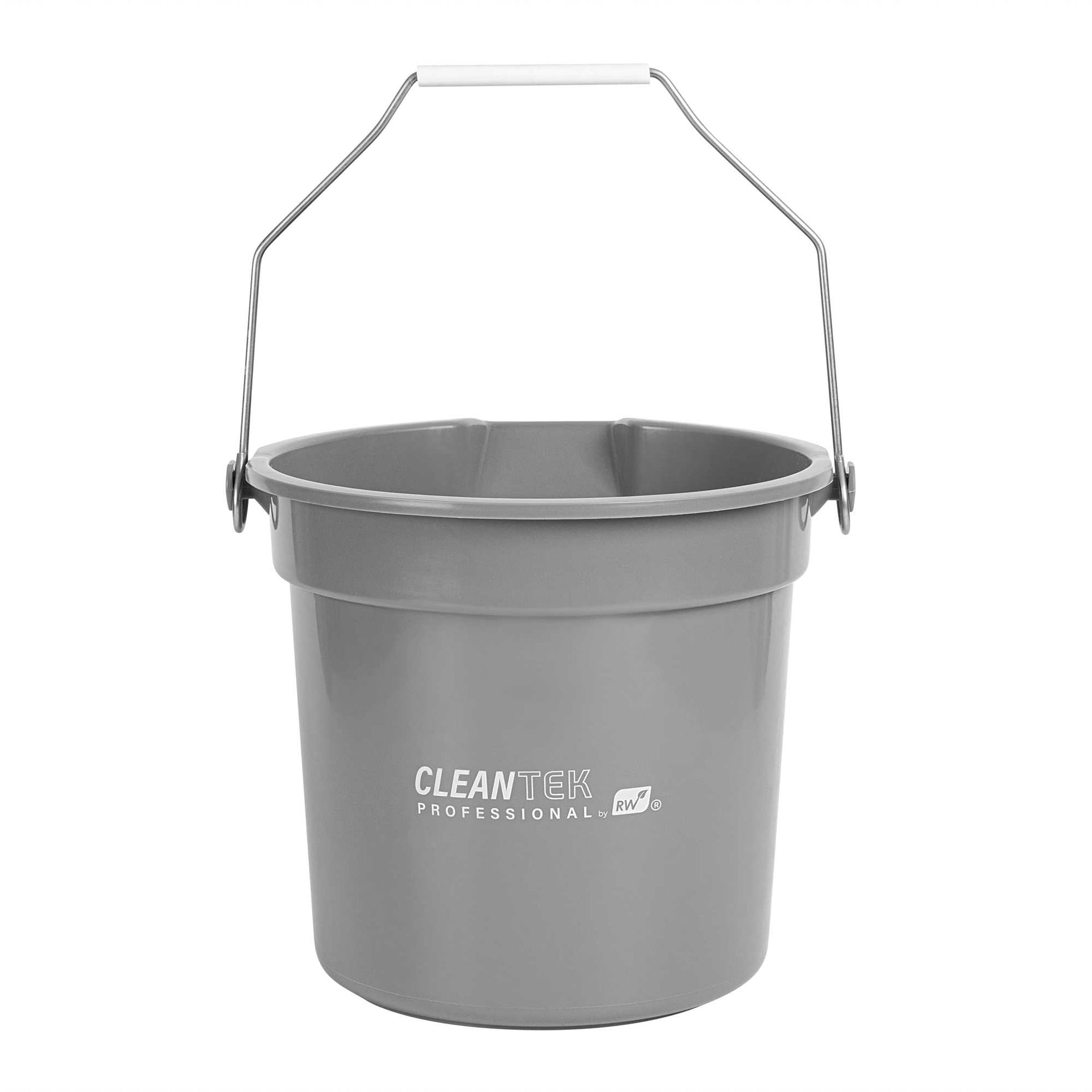Clean Tek Professional 14 Qt Round Gray Plastic Bucket - with Iron Handle and Pour Spout - 9 3/4" × 9 3/4" × 11" - 10 count box