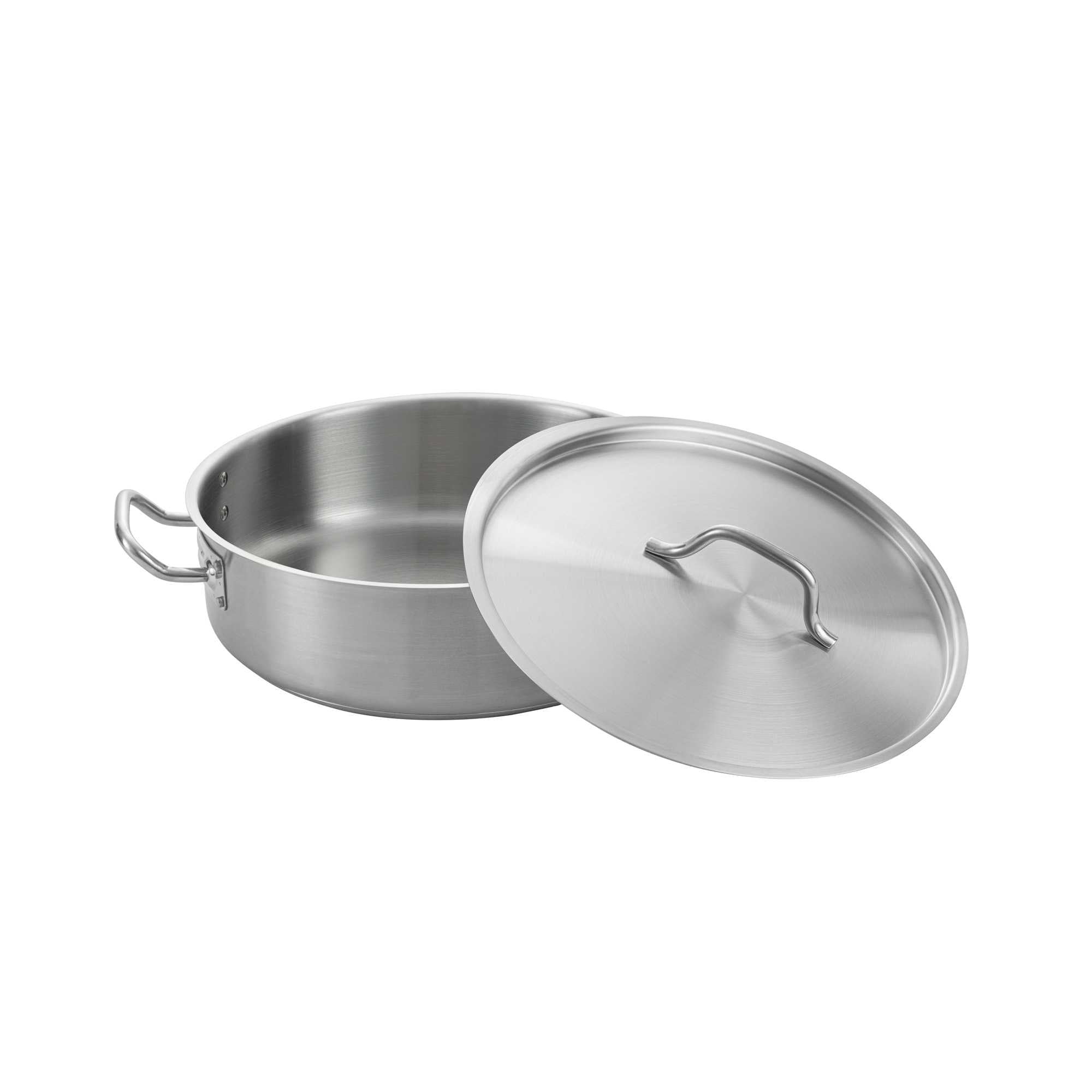 German Standard 12 qt Stainless Steel Brazier - with Aluminum-Clad Bottom and Cover - 14 1/4" x 14 1/4" x 4 1/4" - 2 count box