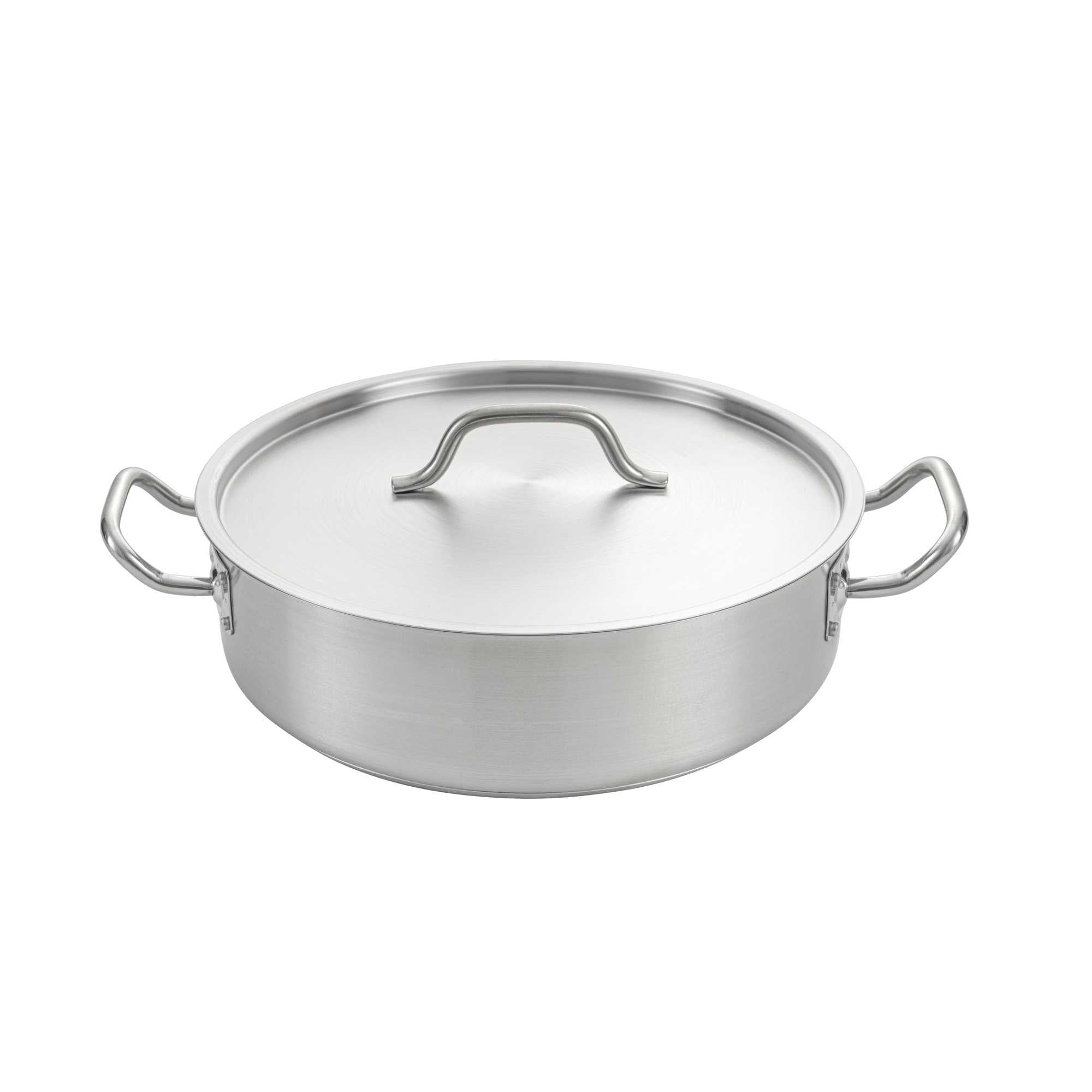 German Standard 12 qt Stainless Steel Brazier - with Aluminum-Clad Bottom and Cover - 14 1/4" x 14 1/4" x 4 1/4" - 2 count box