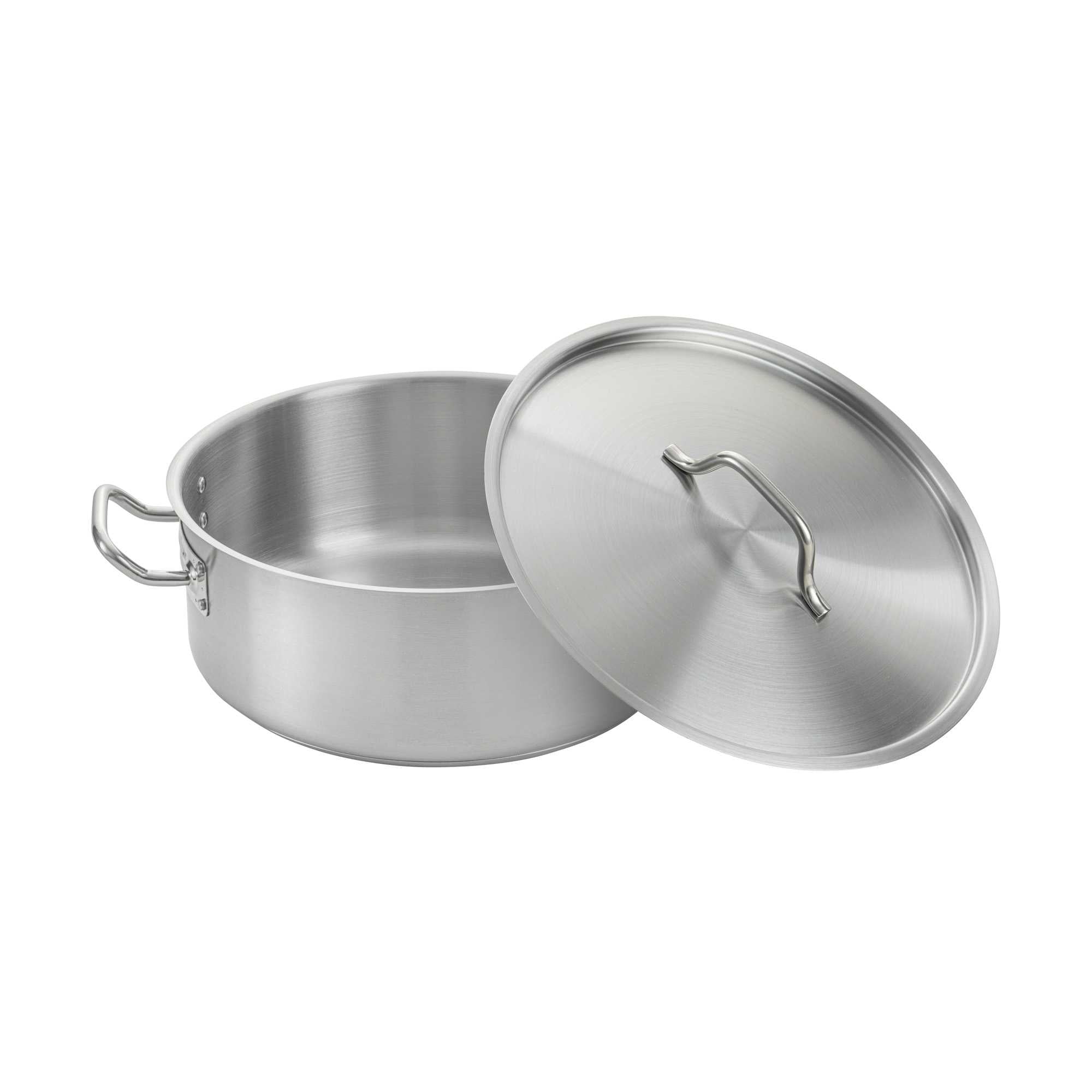 German Standard 15 qt Stainless Steel Brazier - with Aluminum-Clad Bottom and Cover - 14 1/4" x 14 1/4" x 5 1/2" - 2 count box