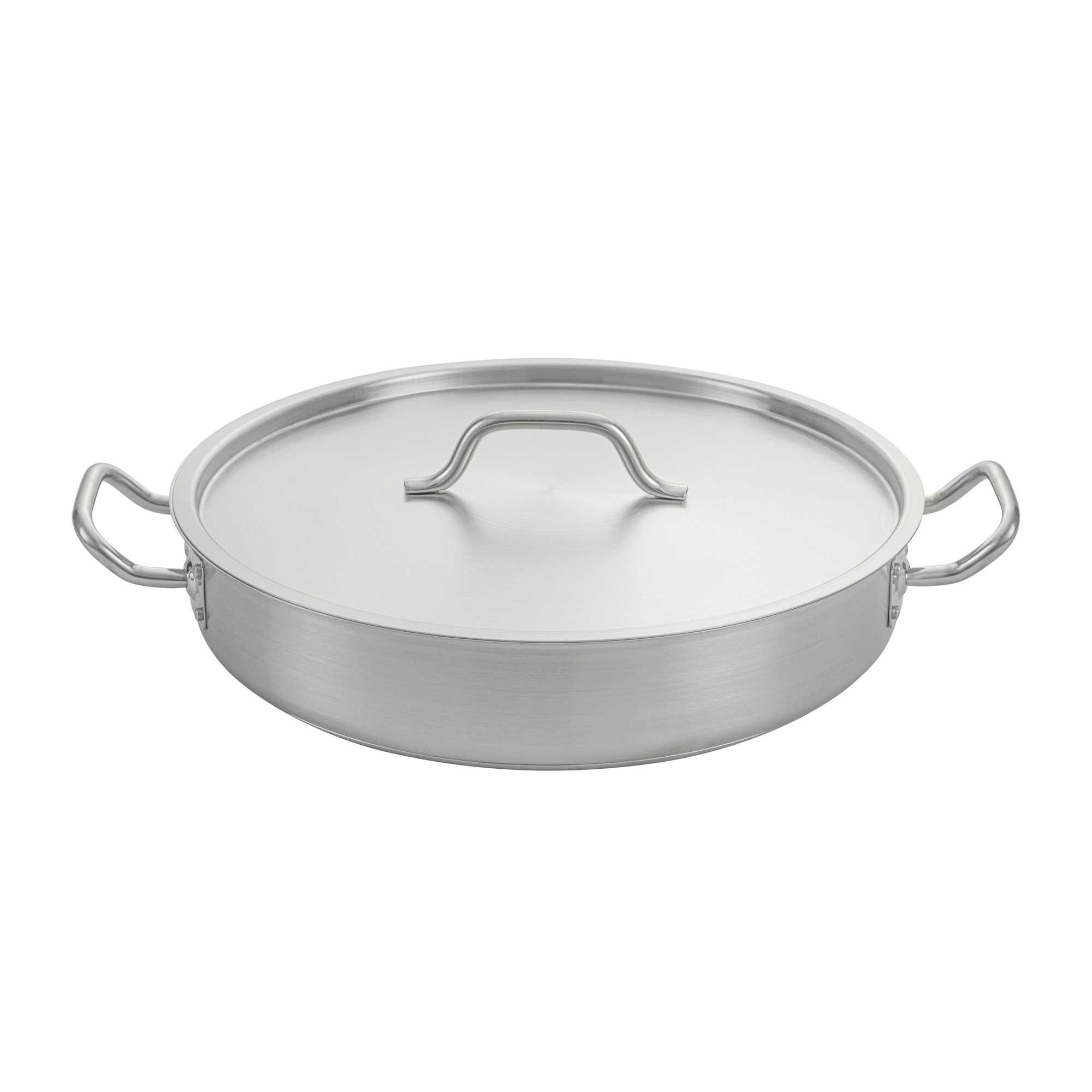 German Standard 10 qt Stainless Steel Brazier - with Aluminum-Clad Bottom and Cover - 15 3/4" x 15 3/4" x 3 1/4" - 4 count box