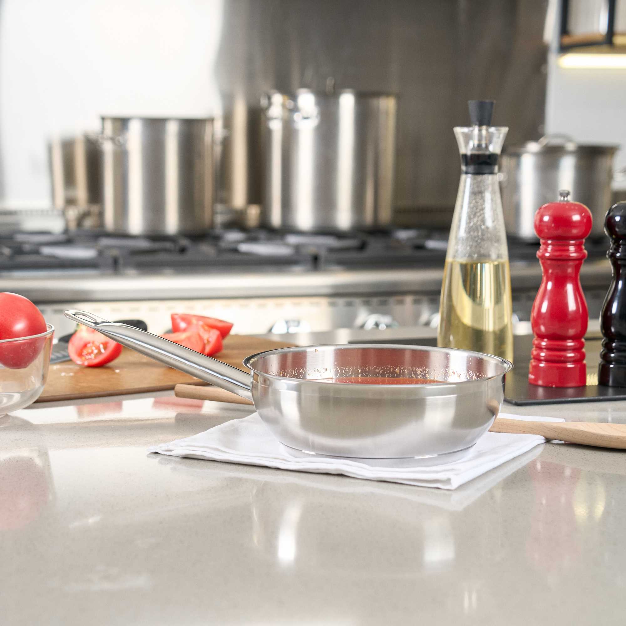 German Standard 2 qt Stainless Steel Saucier Pan - with Aluminum-Clad Bottom, Welded Hollow Handle - 1 count box