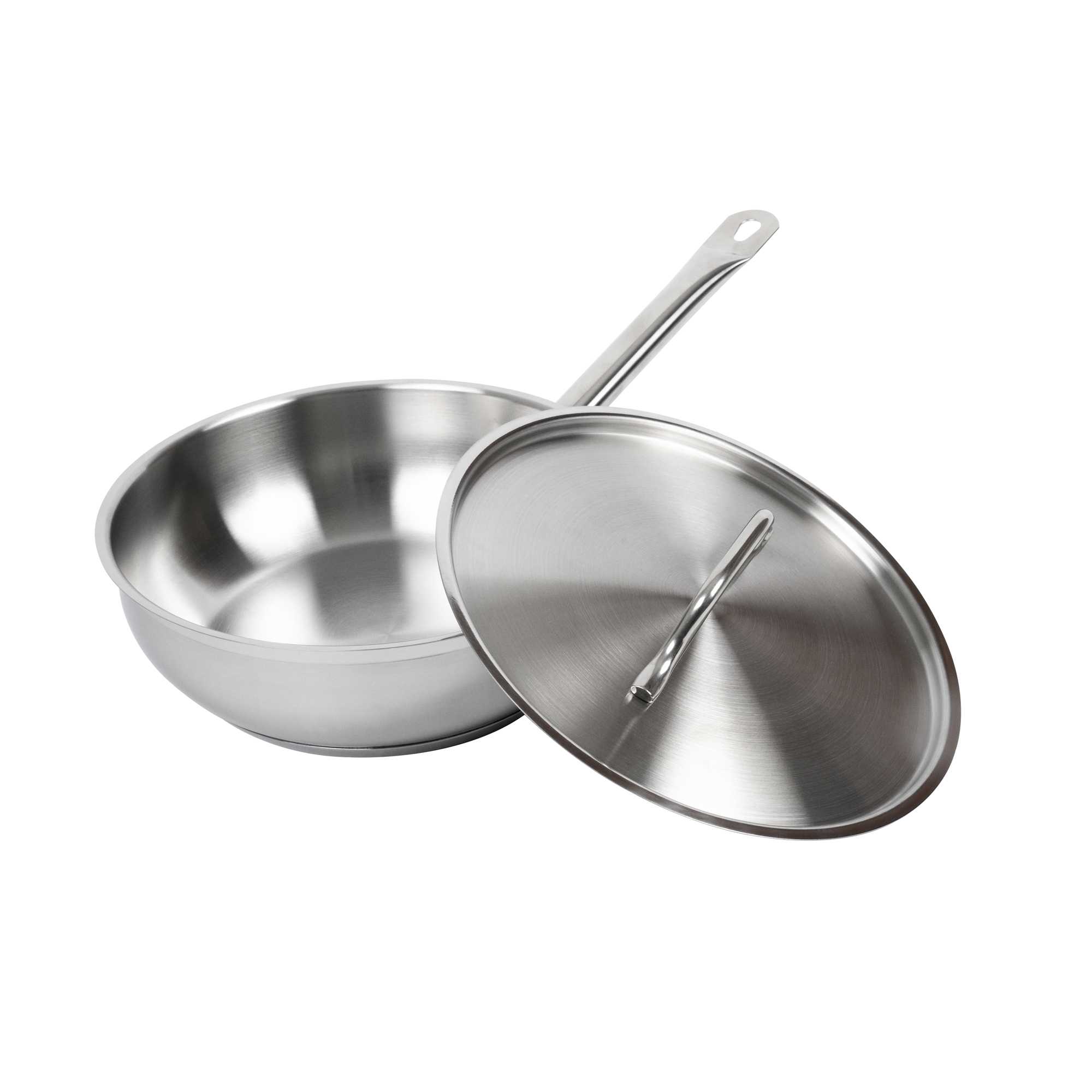 German Standard 3 qt Stainless Steel Saucier Pan - with Lid, Aluminum-Clad Bottom, Welded Hollow Handle - 1 count box