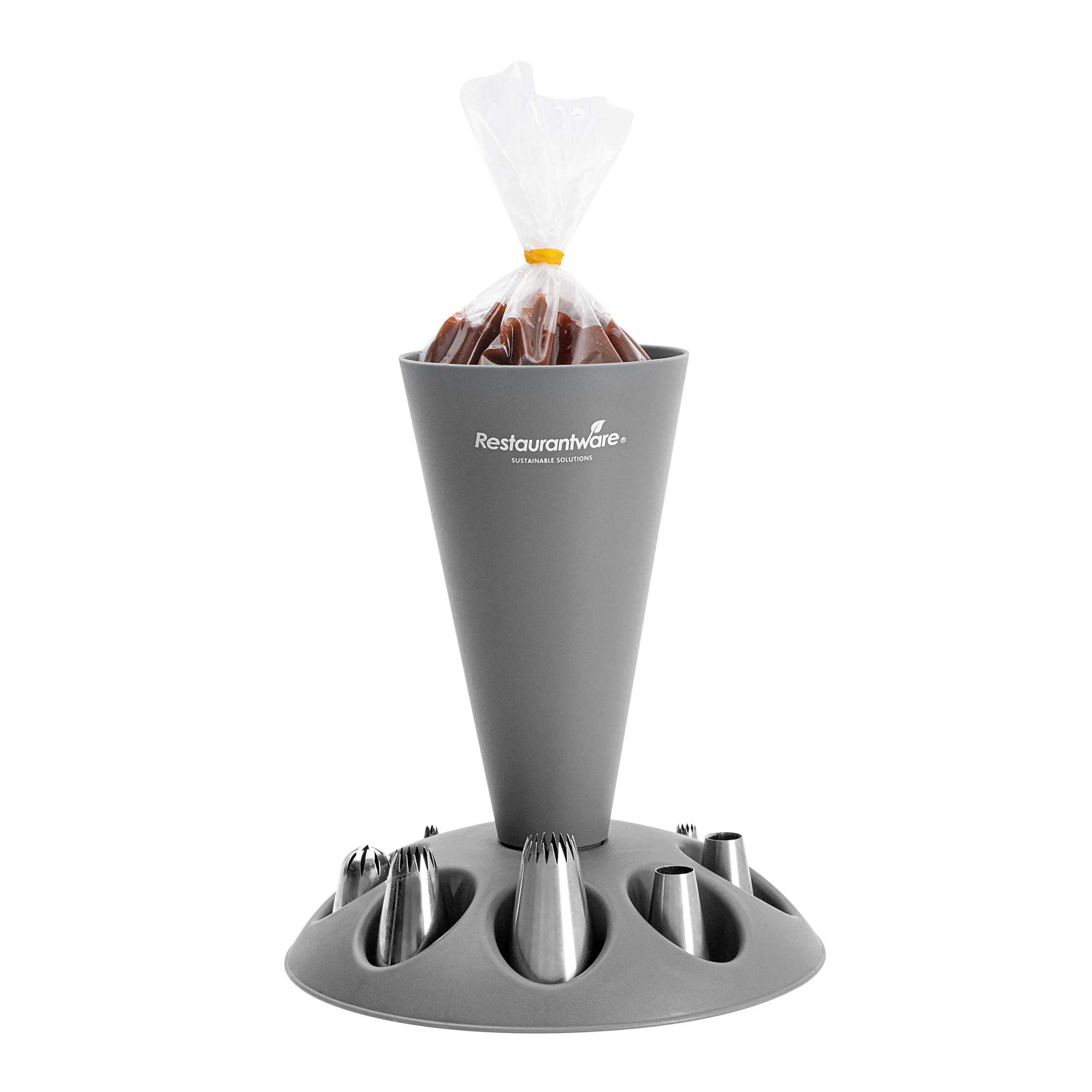 Pastry Tek Gray Plastic Pastry Piping Bag Stand - with 8 Piping Tip Holders - 7 1/2'' x 1 1/2'' x 8 1/2'' - 1 count box