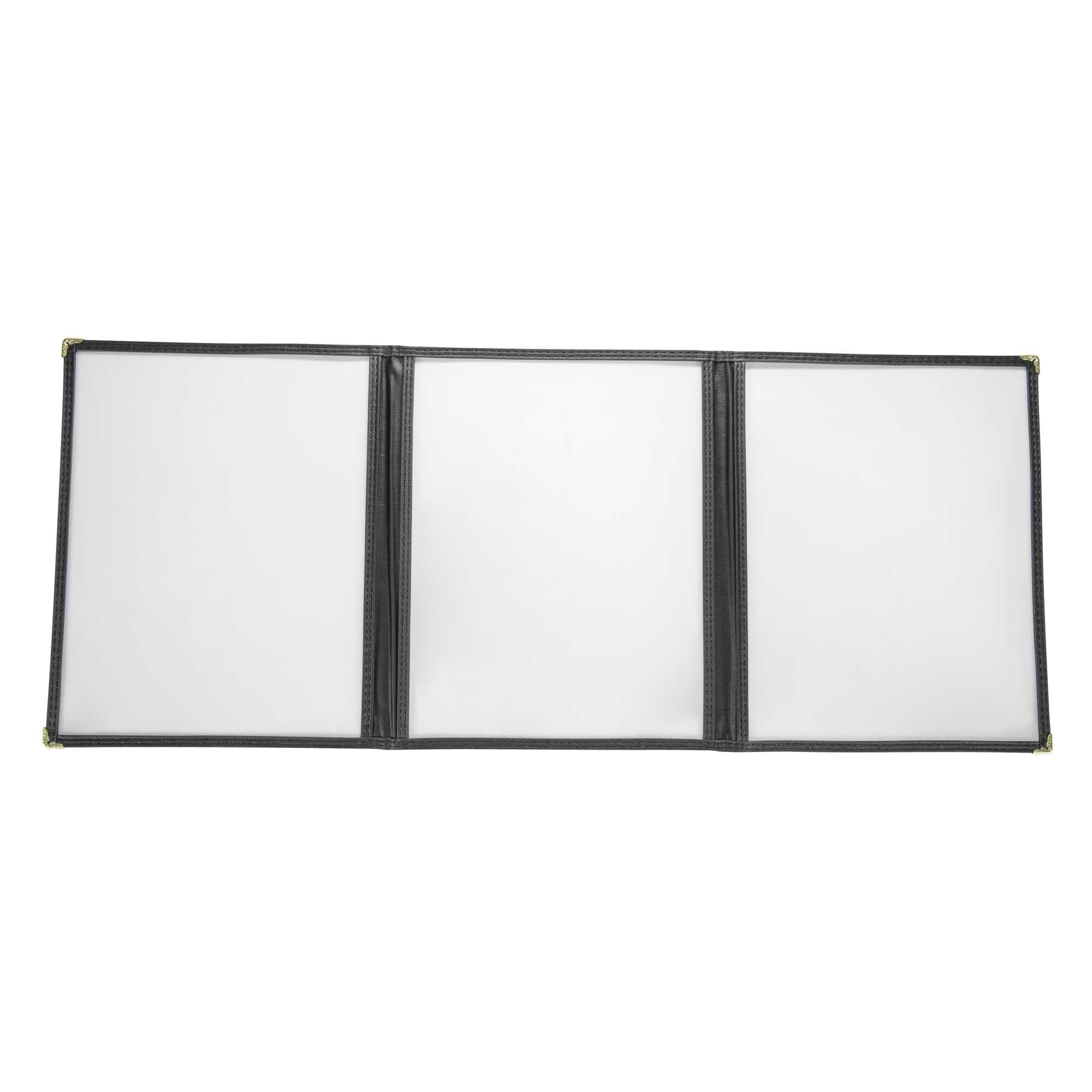 Chef 101 Black Plastic 6-View Trifold Three Pocket Menu Cover - 8 1/2" x 11"- 12 count box