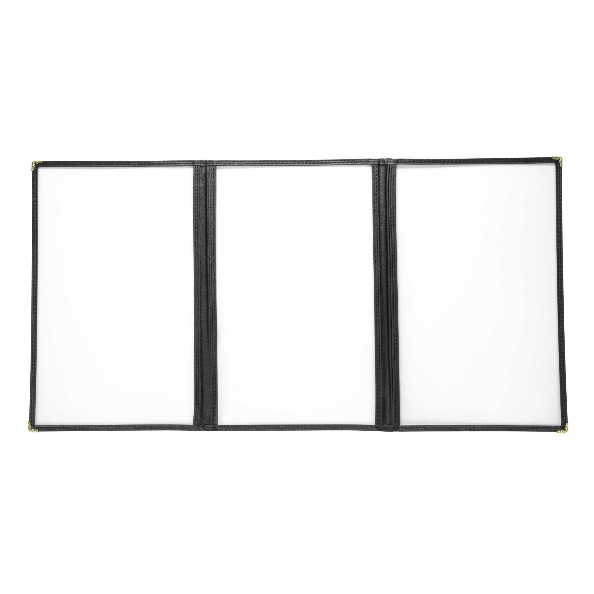 Chef 101 Black Plastic 6-View Trifold Three Pocket Menu Cover - 8 1/2" x 14" - 12 count box